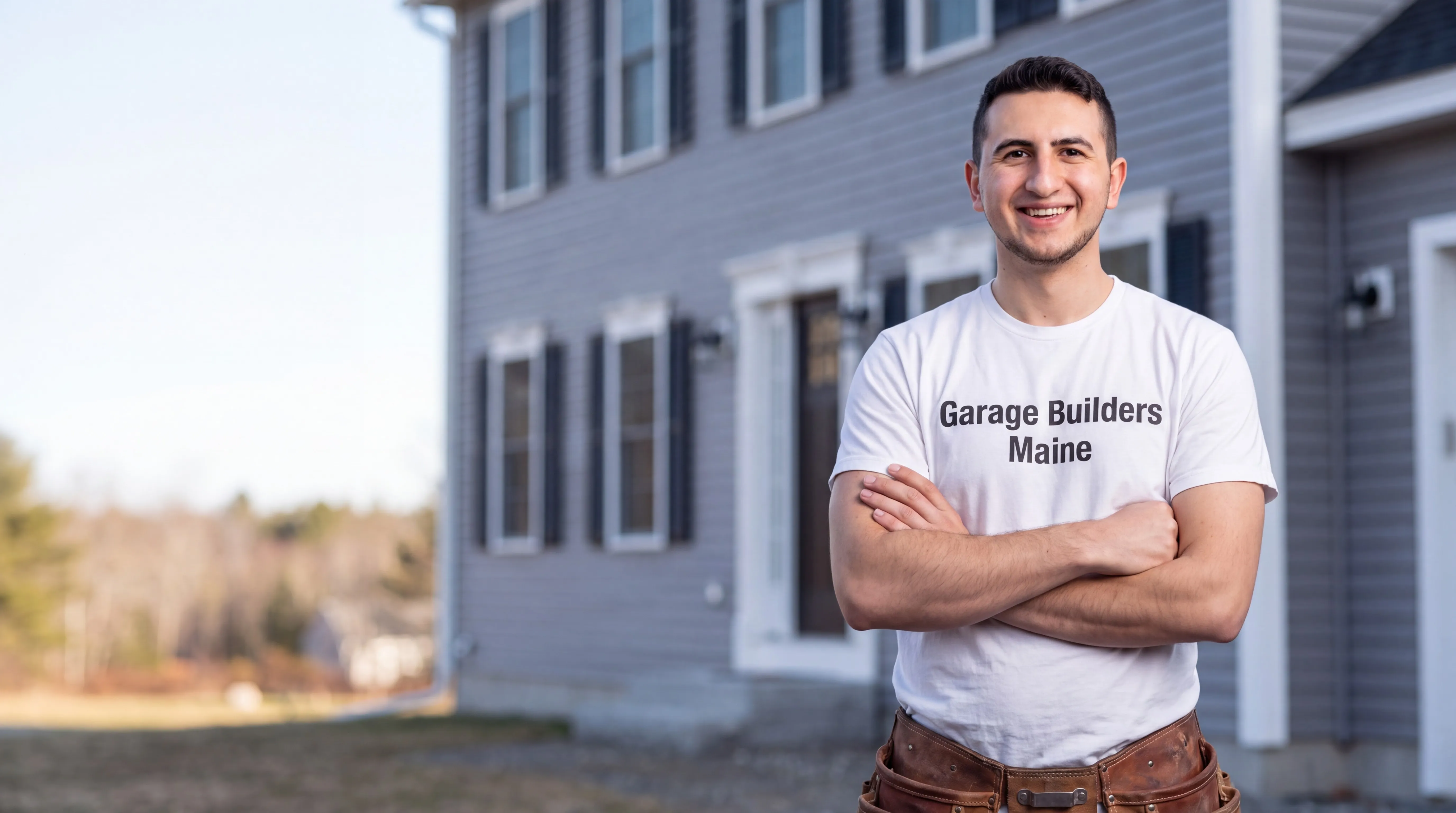 Siding contractor Jefferson Maine: owner with arms crossed in front of a gray vinyl-sided colonial with black shutters
