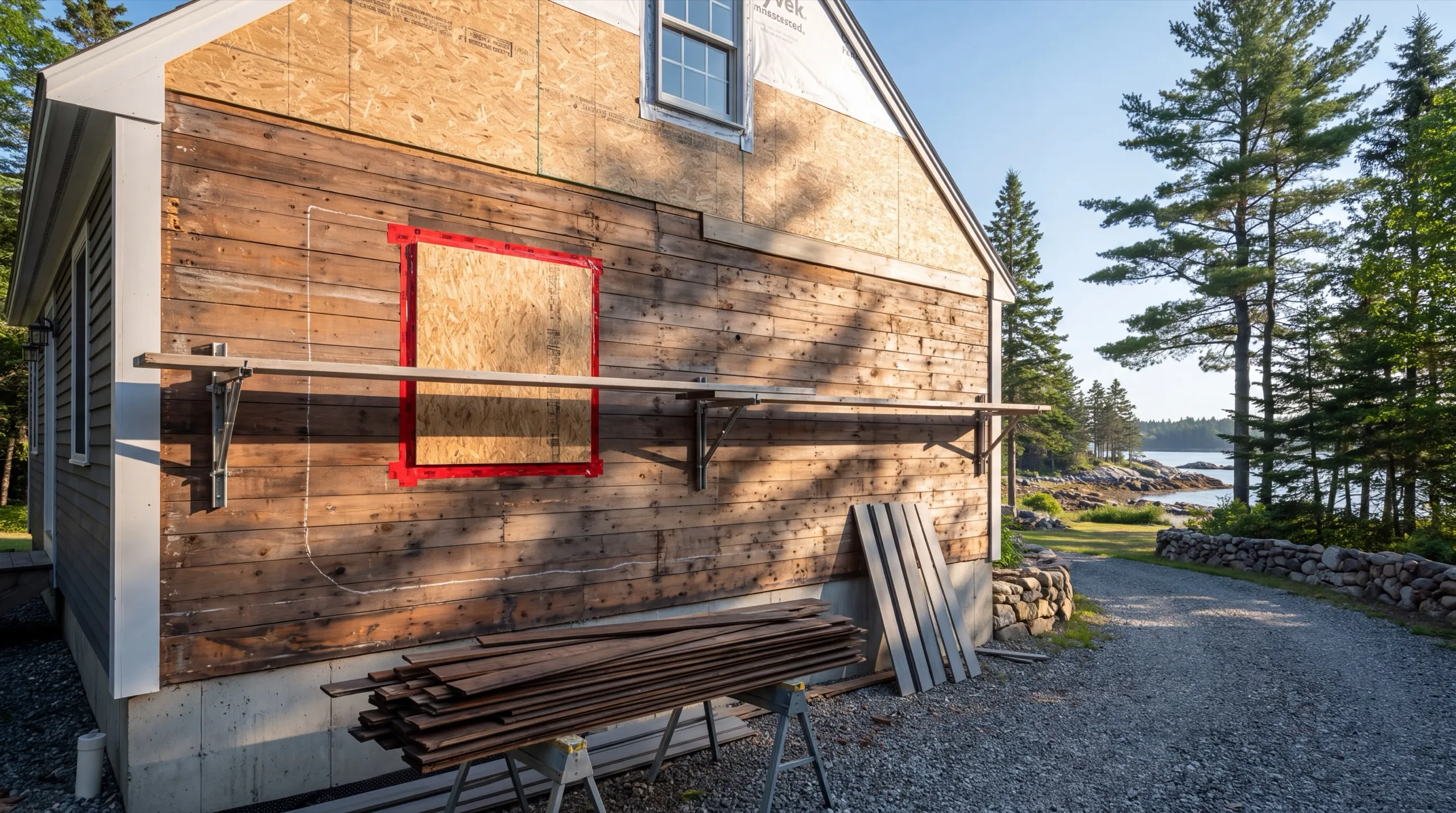 Siding contractor Jefferson Maine: old board siding coming off a gable wall with staging and stacked boards