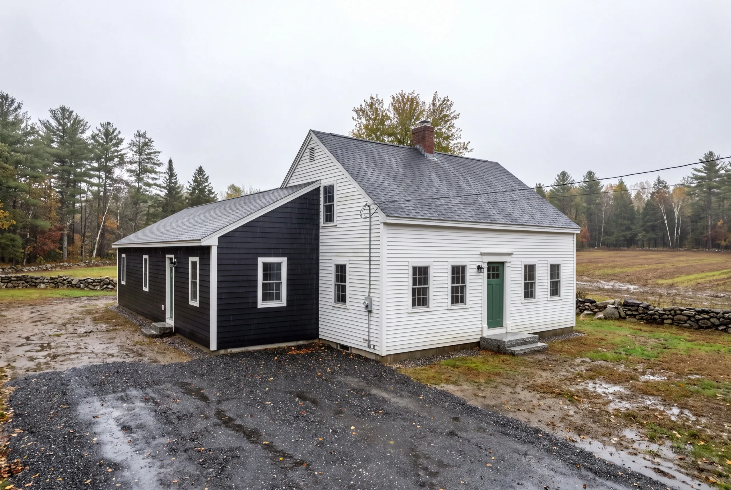 Siding contractor Litchfield Maine: white clapboard cape joined to an ell in new black shingle siding