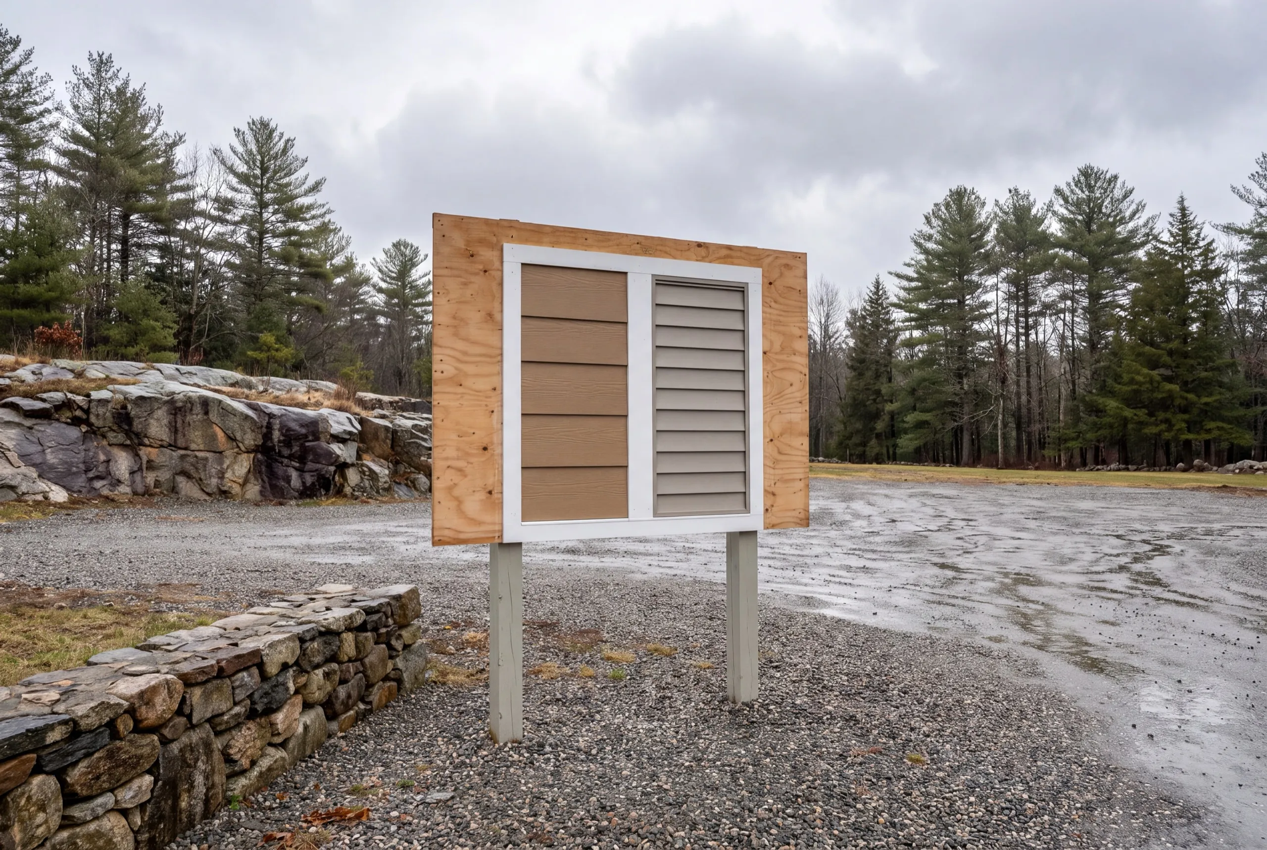 Siding installer Litchfield Maine: sample board on posts with brown lap siding beside gray vinyl siding