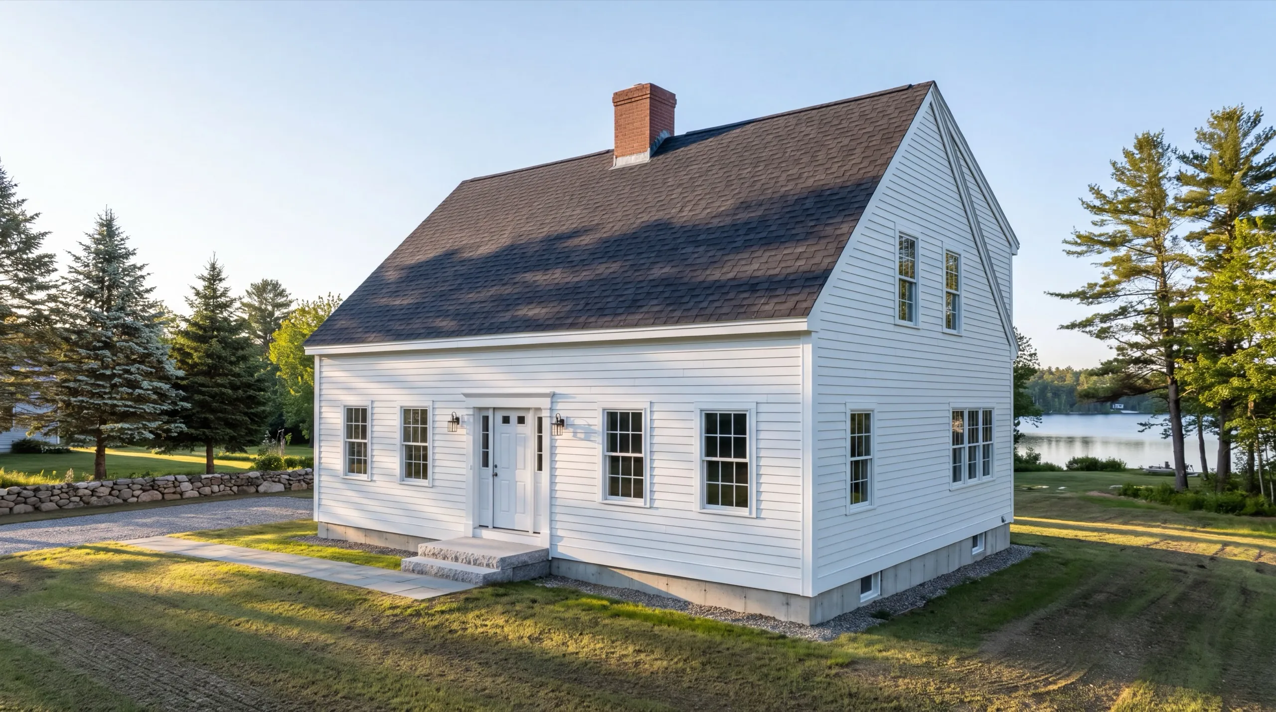 Siding contractor Litchfield Maine: finished white cape with lap siding and a brick chimney beside a lake