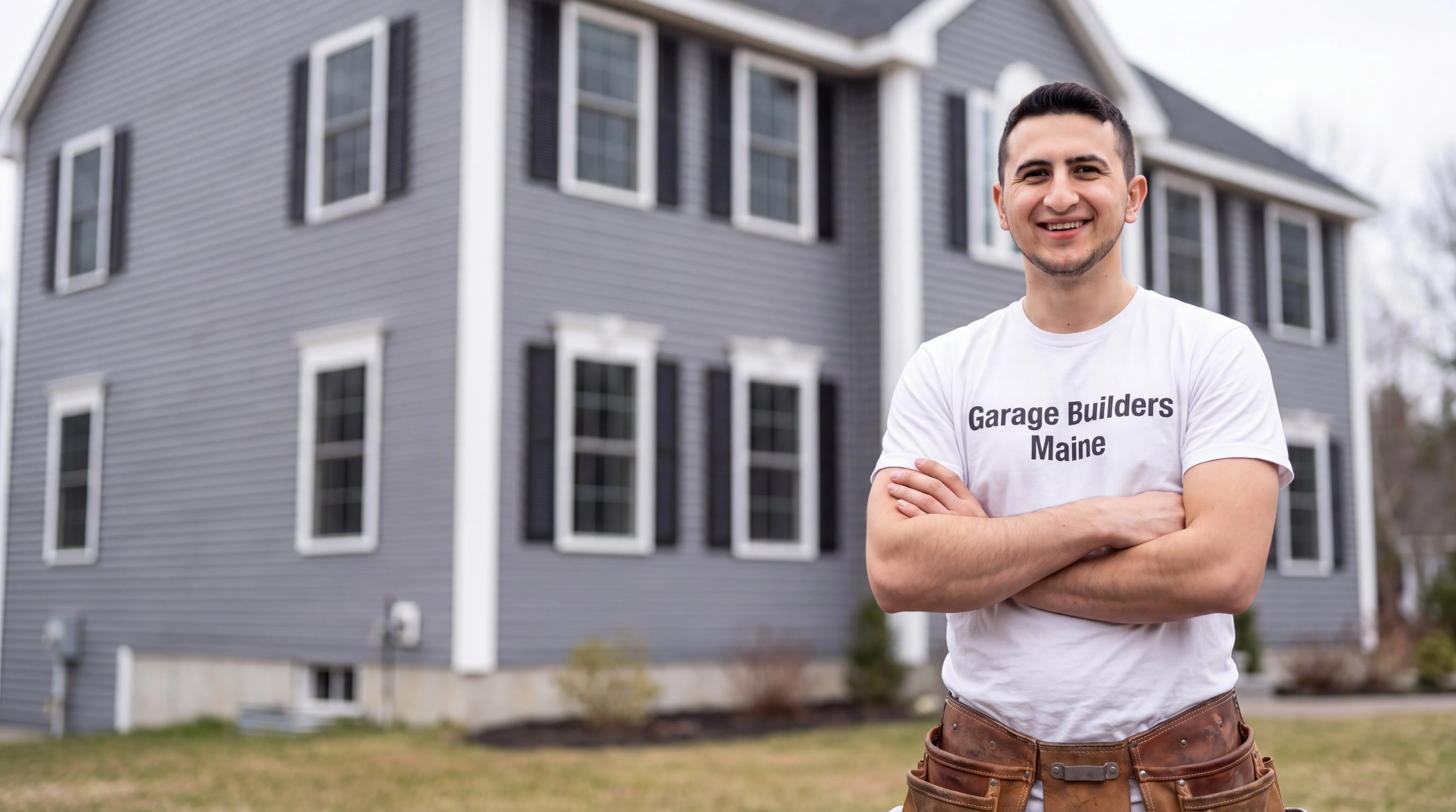 Siding contractor Litchfield Maine: owner with arms crossed in front of a gray vinyl-sided colonial with black shutters