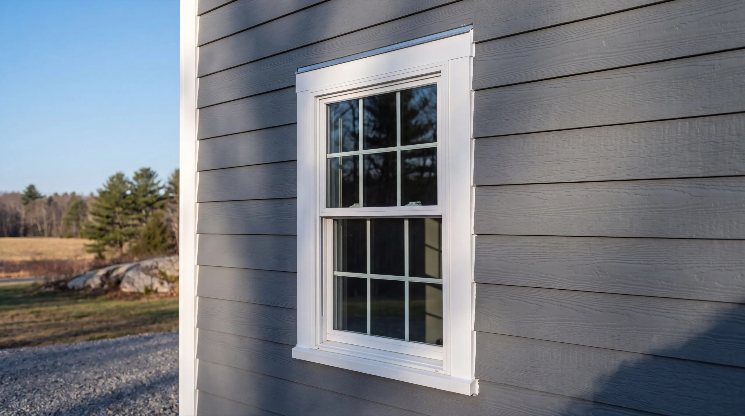Siding installer Litchfield Maine: gray lap siding around a white window casing with a metal drip cap
