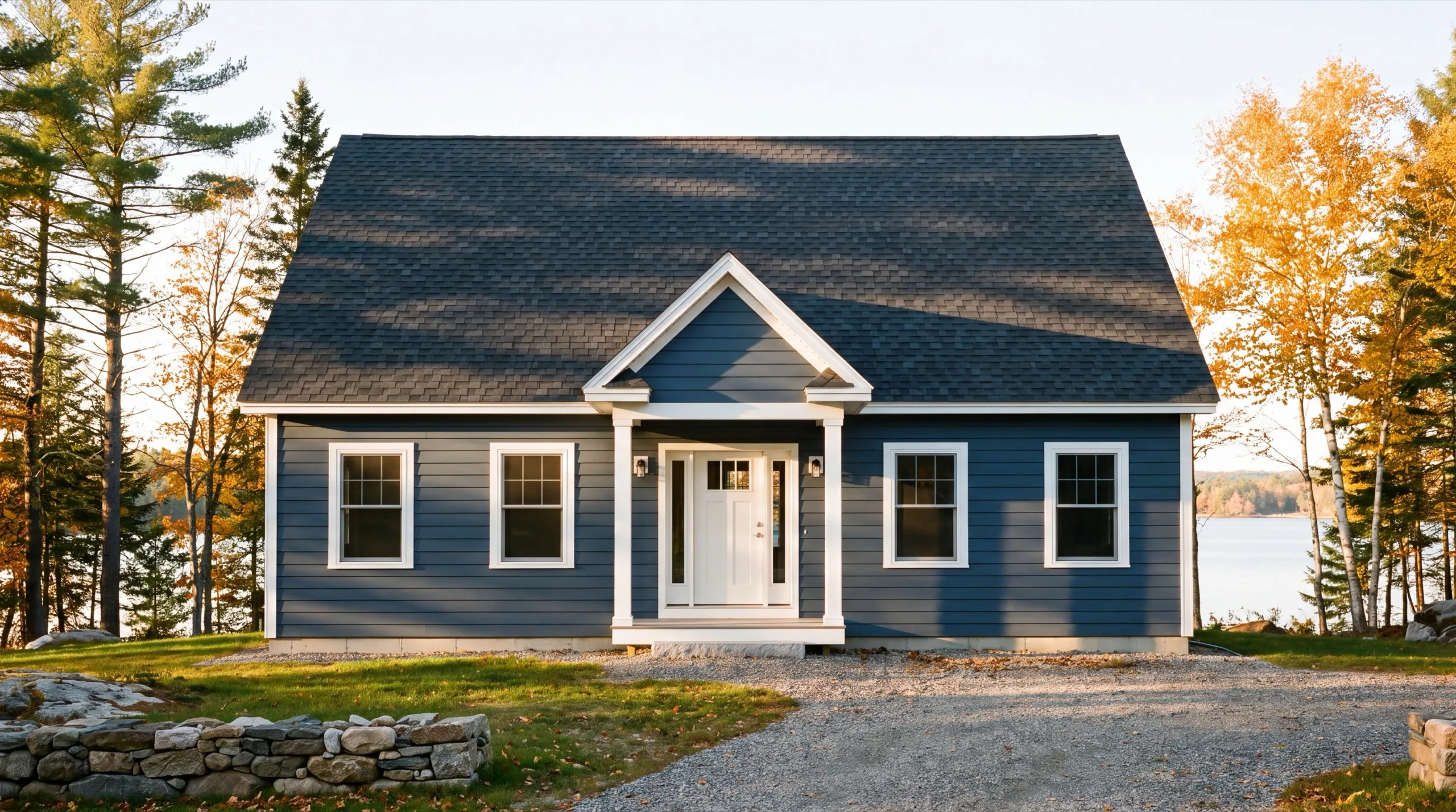 Siding contractor Manchester Maine: finished blue cape with lap siding and a white gable entry by a lake