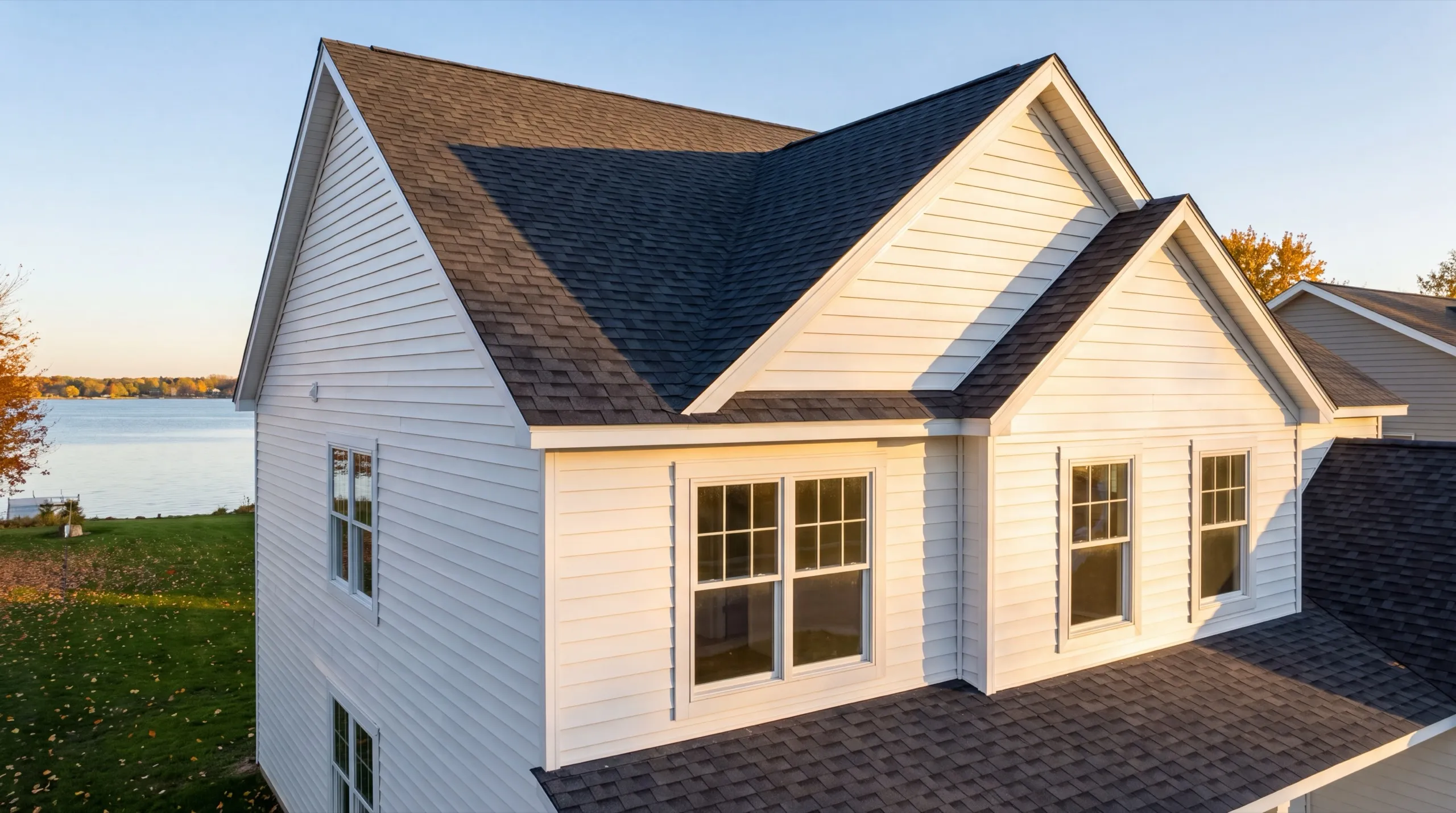 Siding contractor in Manchester, ME: finished white vinyl-sided house with two front gables above a lake