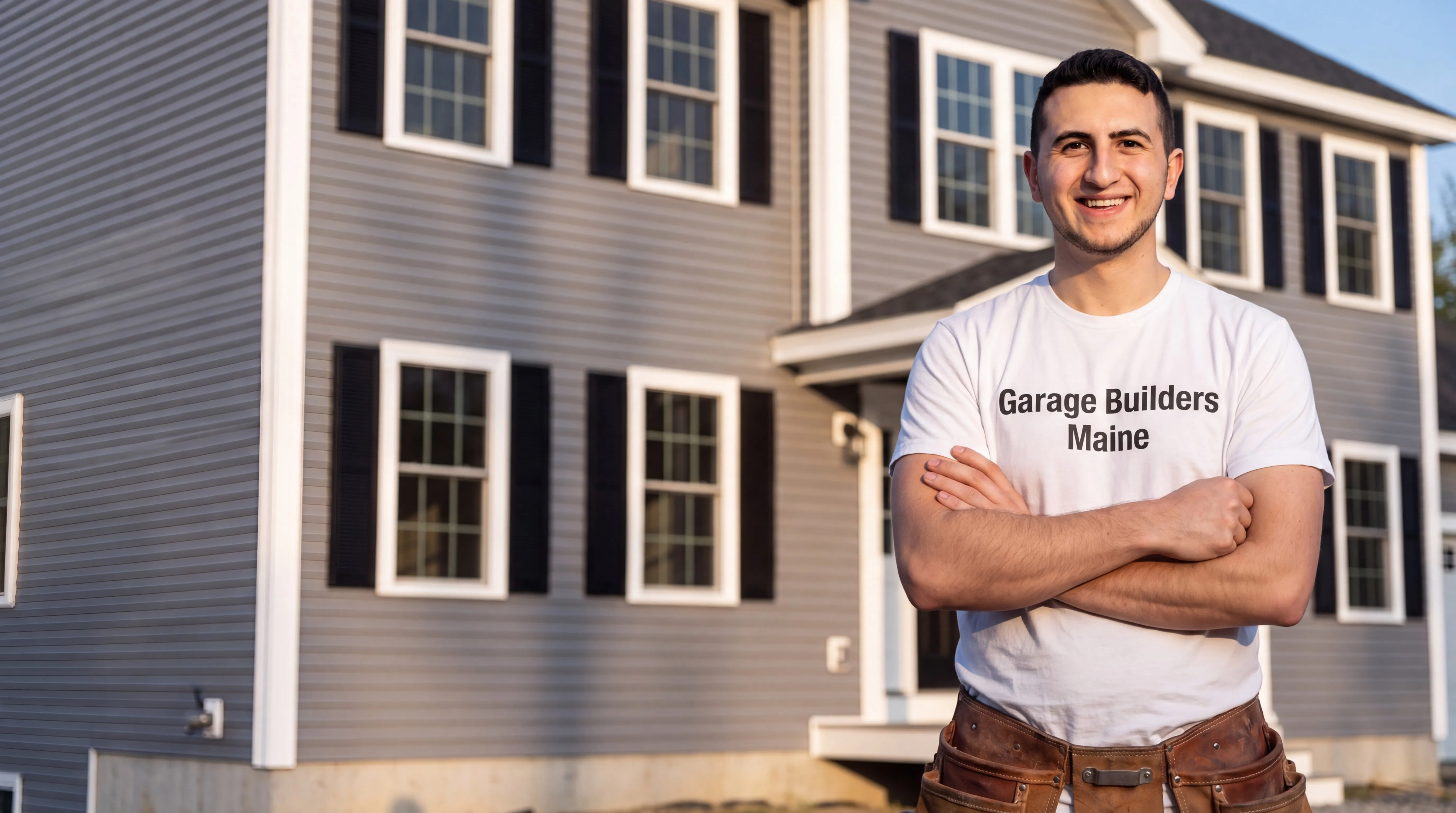 Owner of Garage Builders Maine standing with his arms crossed and smiling at a Maine job site