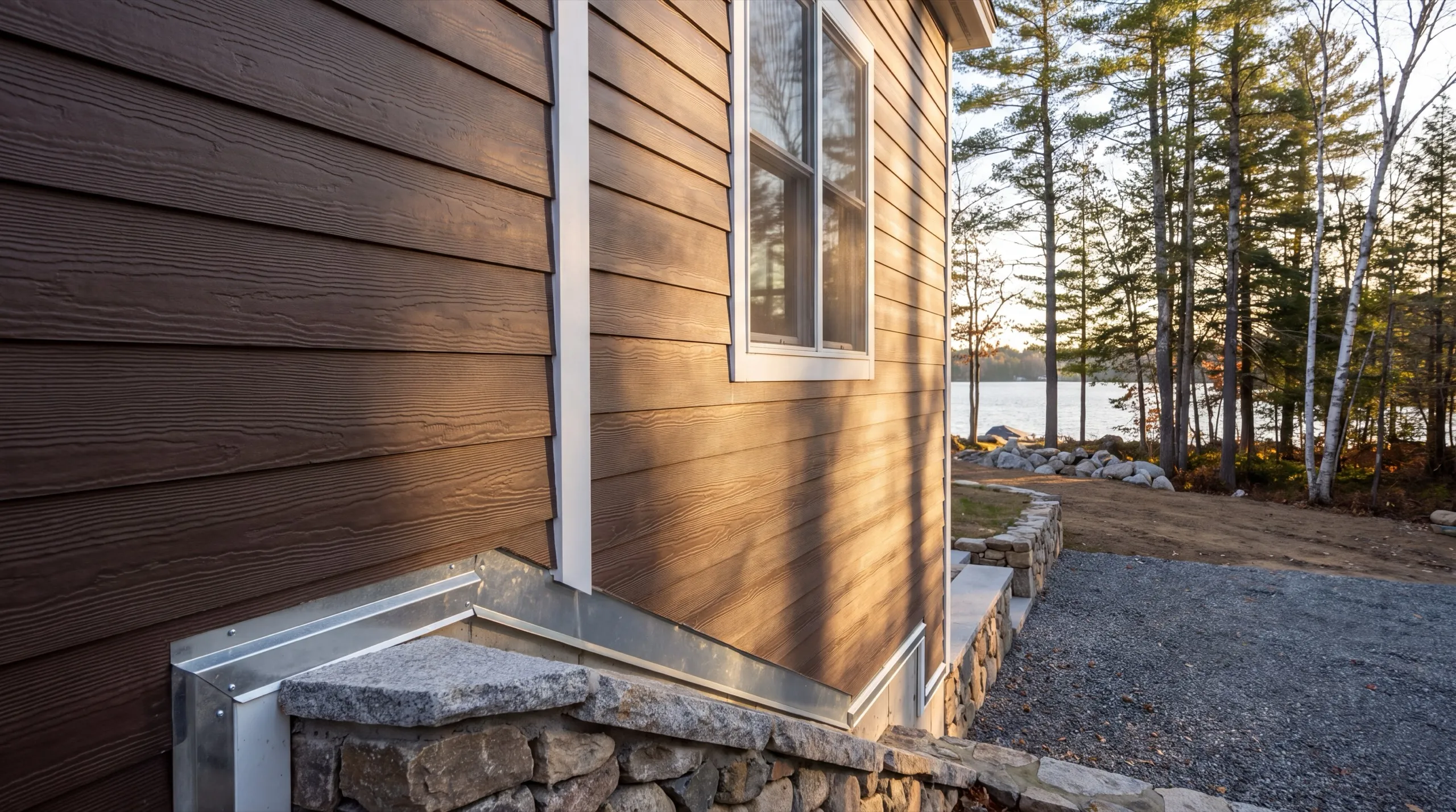 Siding installer Manchester Maine: brown lap siding, white corner board and metal flashing at a stone wall