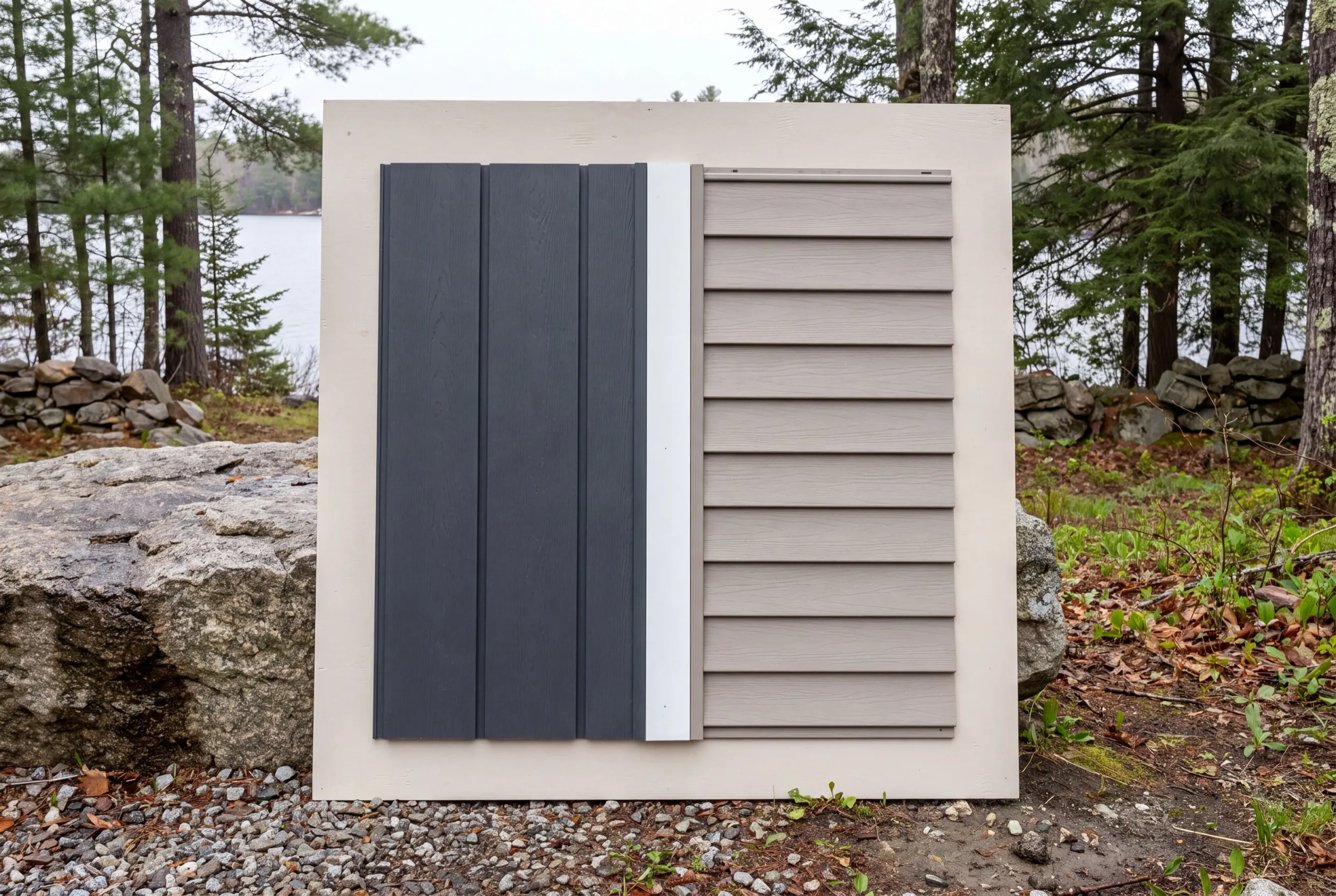 Siding contractor Manchester Maine: sample board with charcoal vertical panels beside tan vinyl lap siding