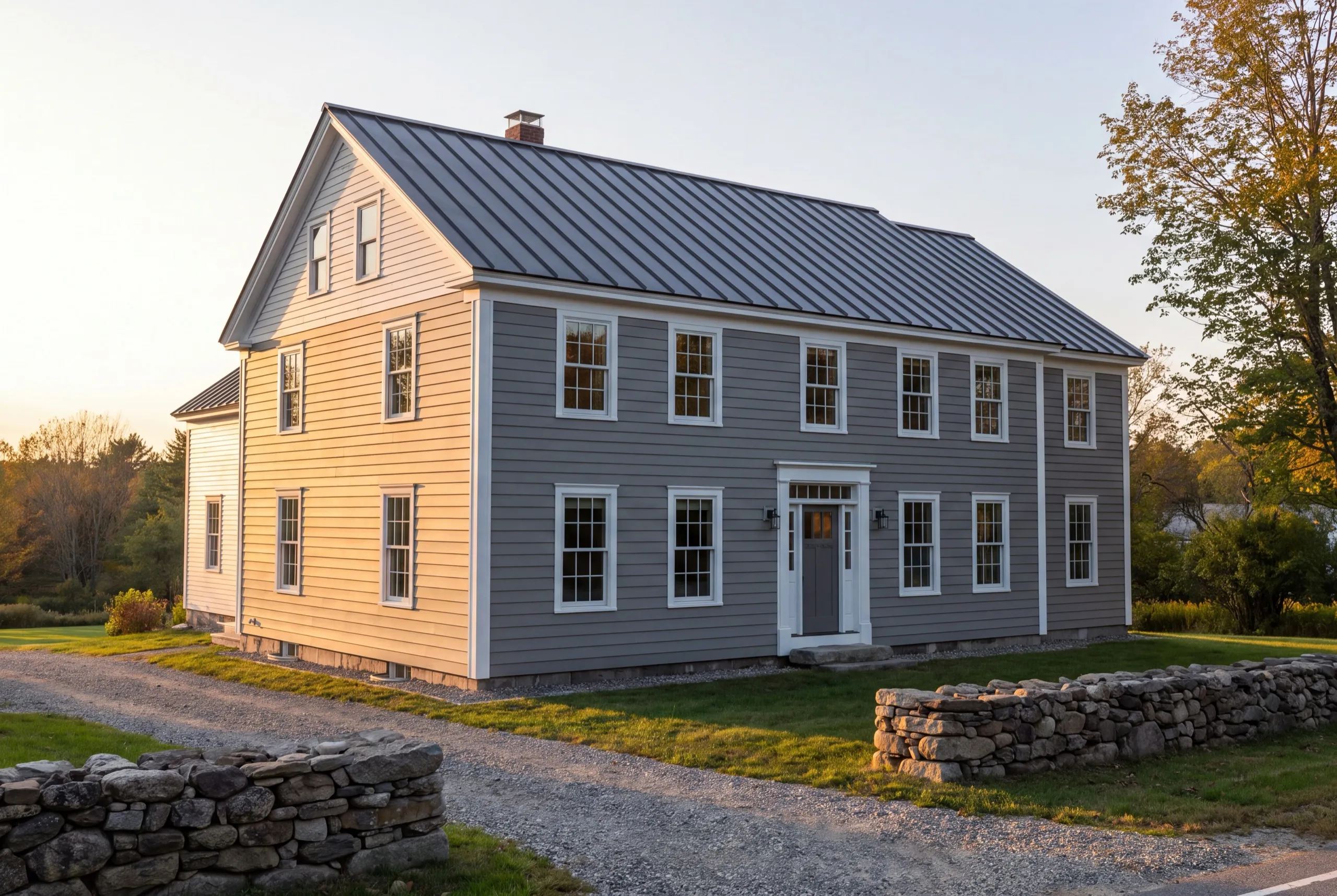 Siding installer Monmouth Maine: finished gray two-story colonial with lap siding and a standing seam roof