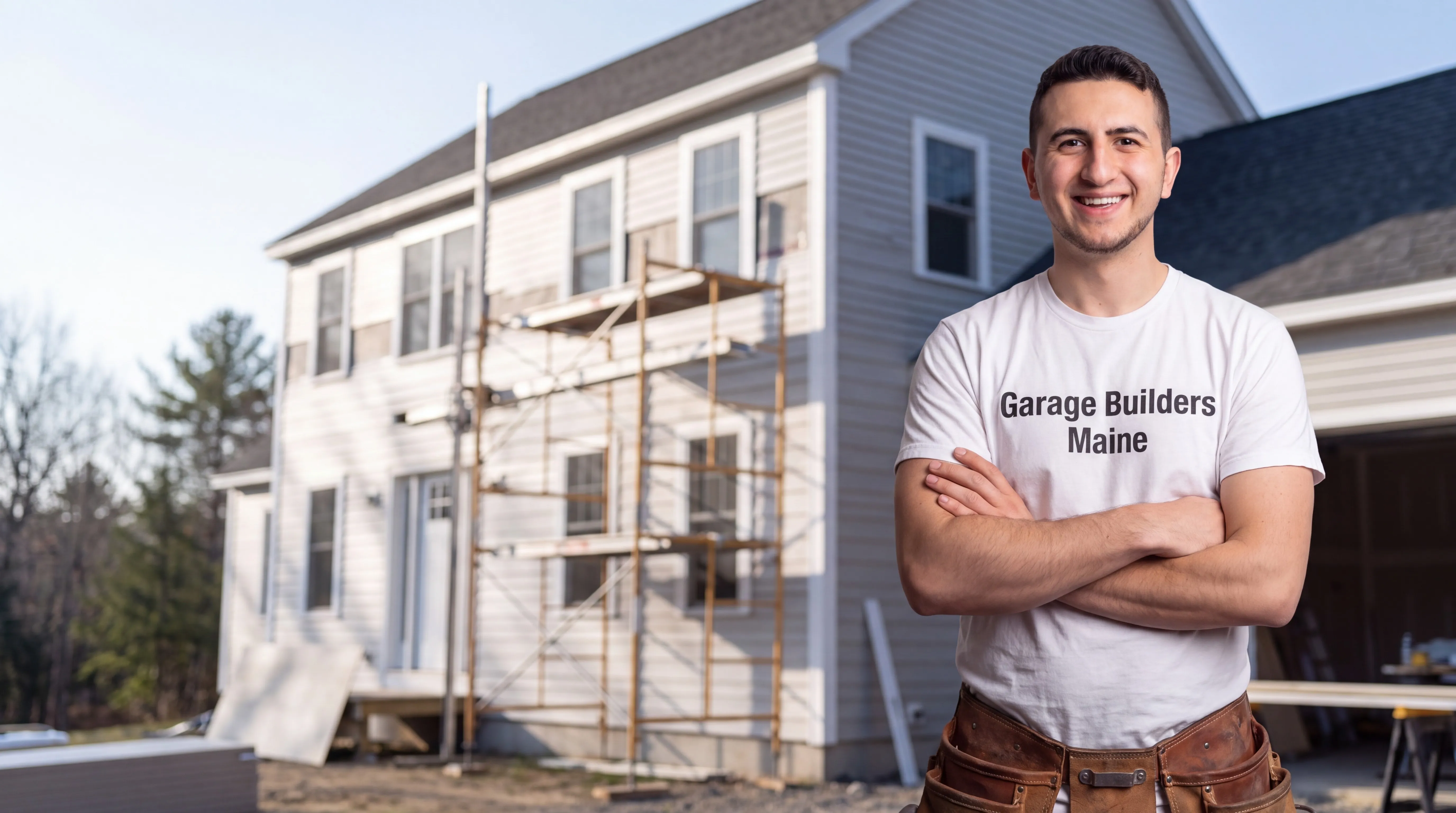Owner of Garage Builders Maine standing with his arms crossed and smiling at a Maine job site