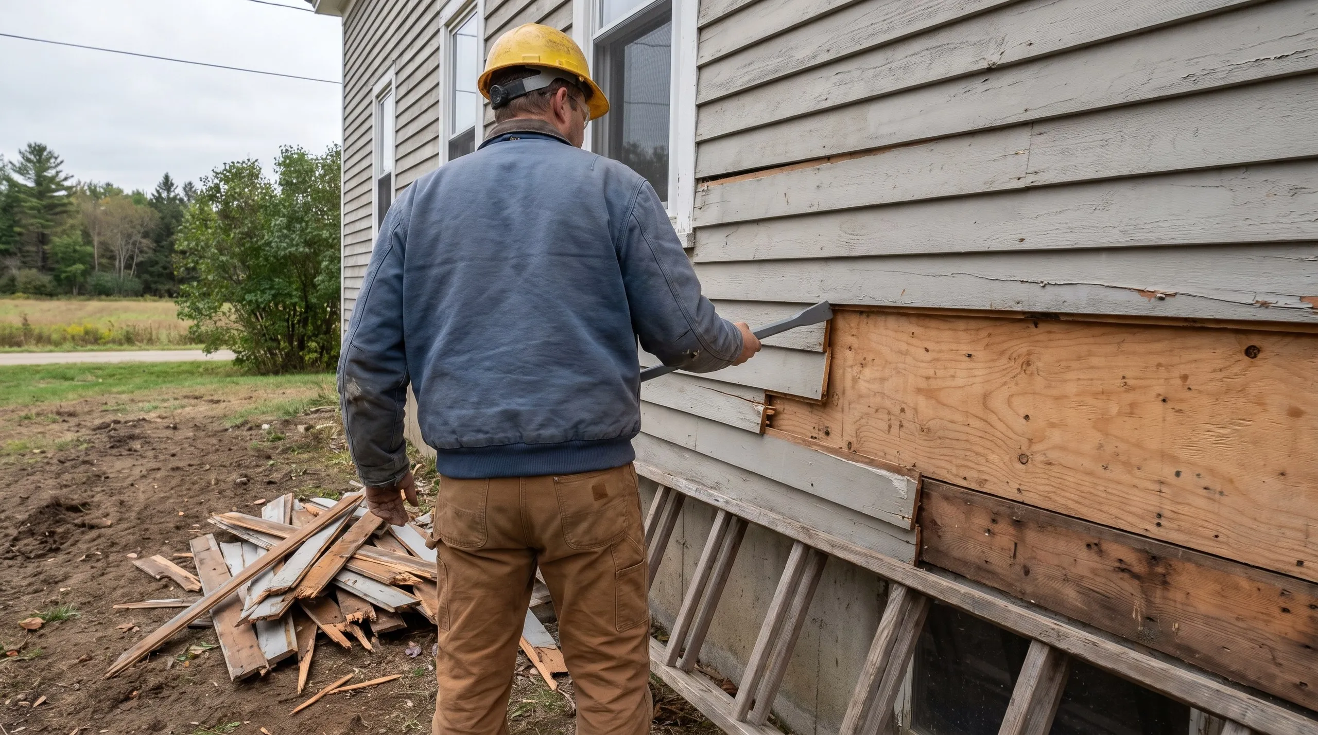Siding contractor Monmouth Maine: contractor seen from behind prying old lap siding off a house wall down to plywood sheathing, boards piled below