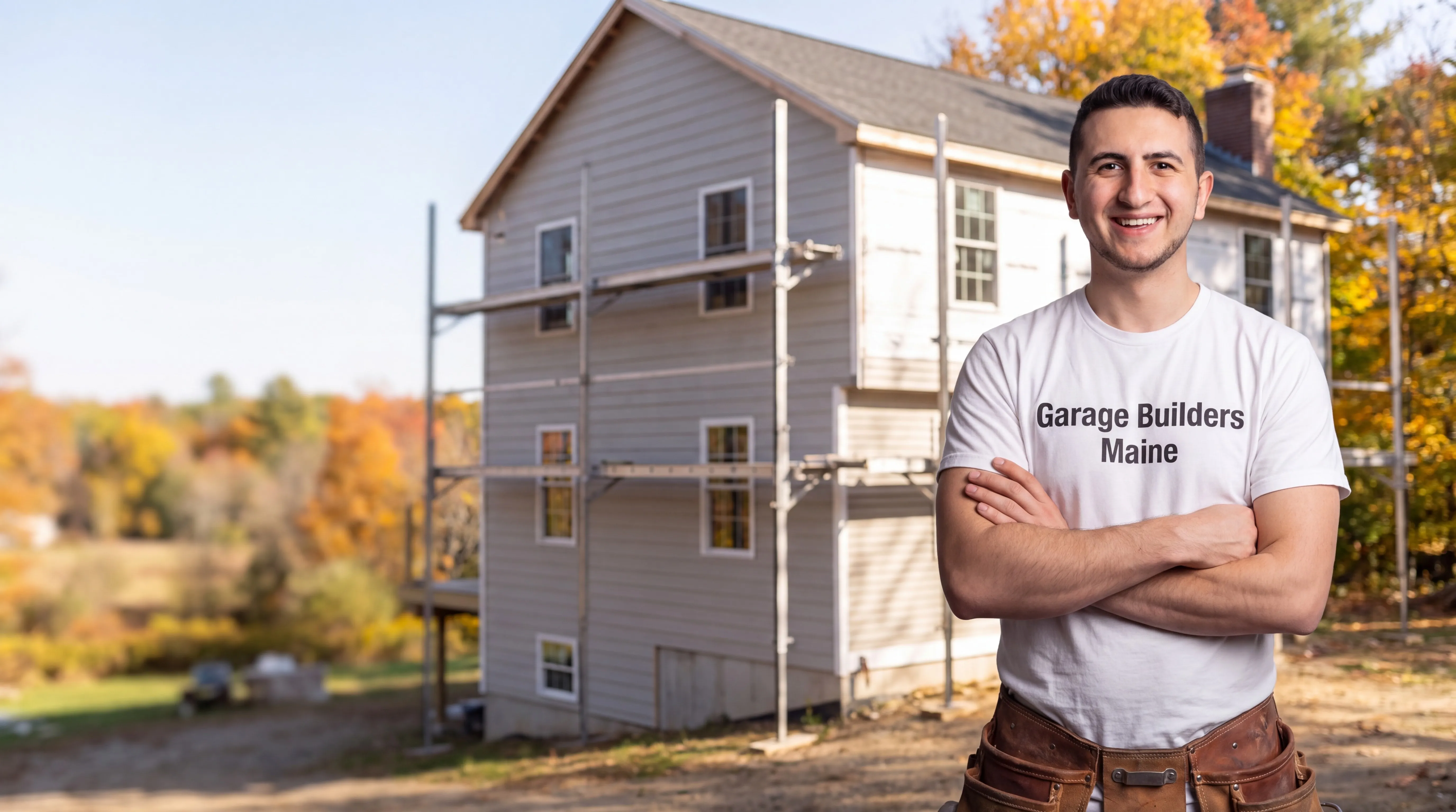 Owner of Garage Builders Maine standing with his arms crossed and smiling at a Maine job site
