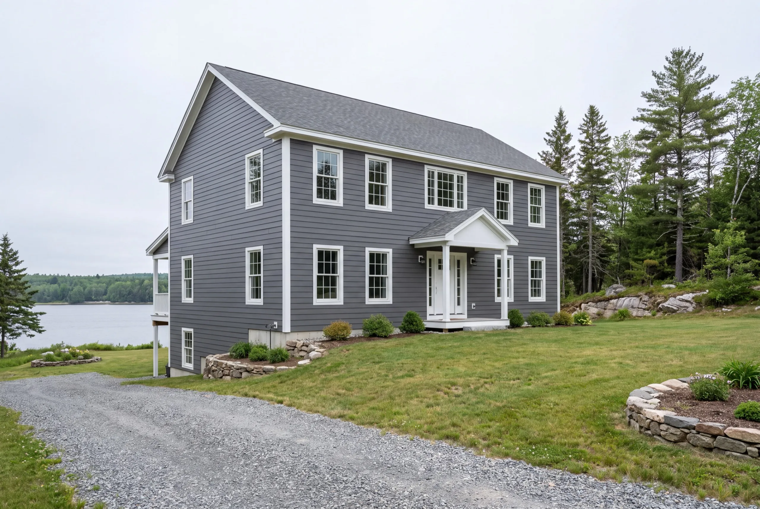 Siding installer Pittston Maine: finished gray two-story colonial with lap siding and a white portico