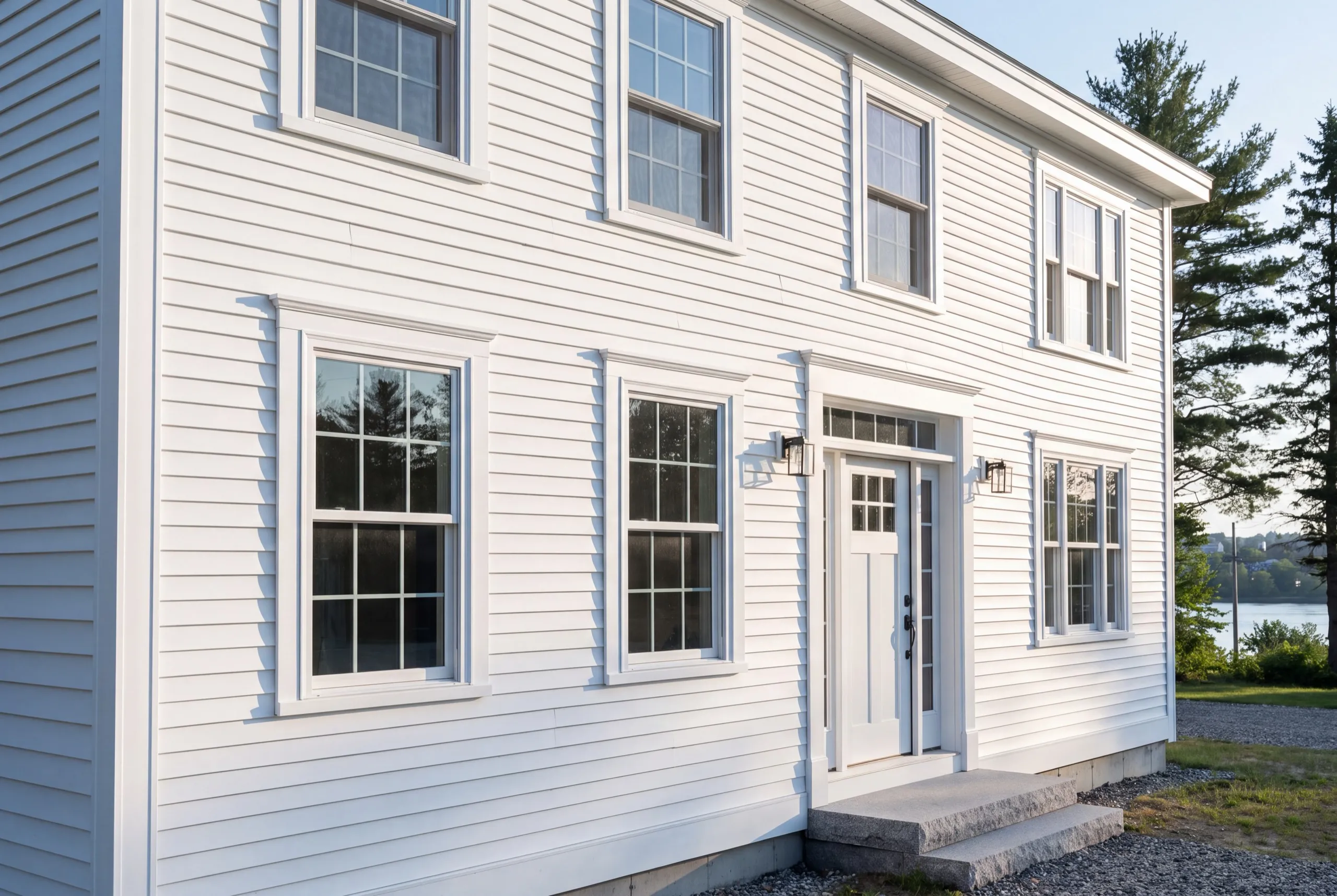Siding contractor Randolph Maine: white lap-sided colonial with wide corner boards and window casings