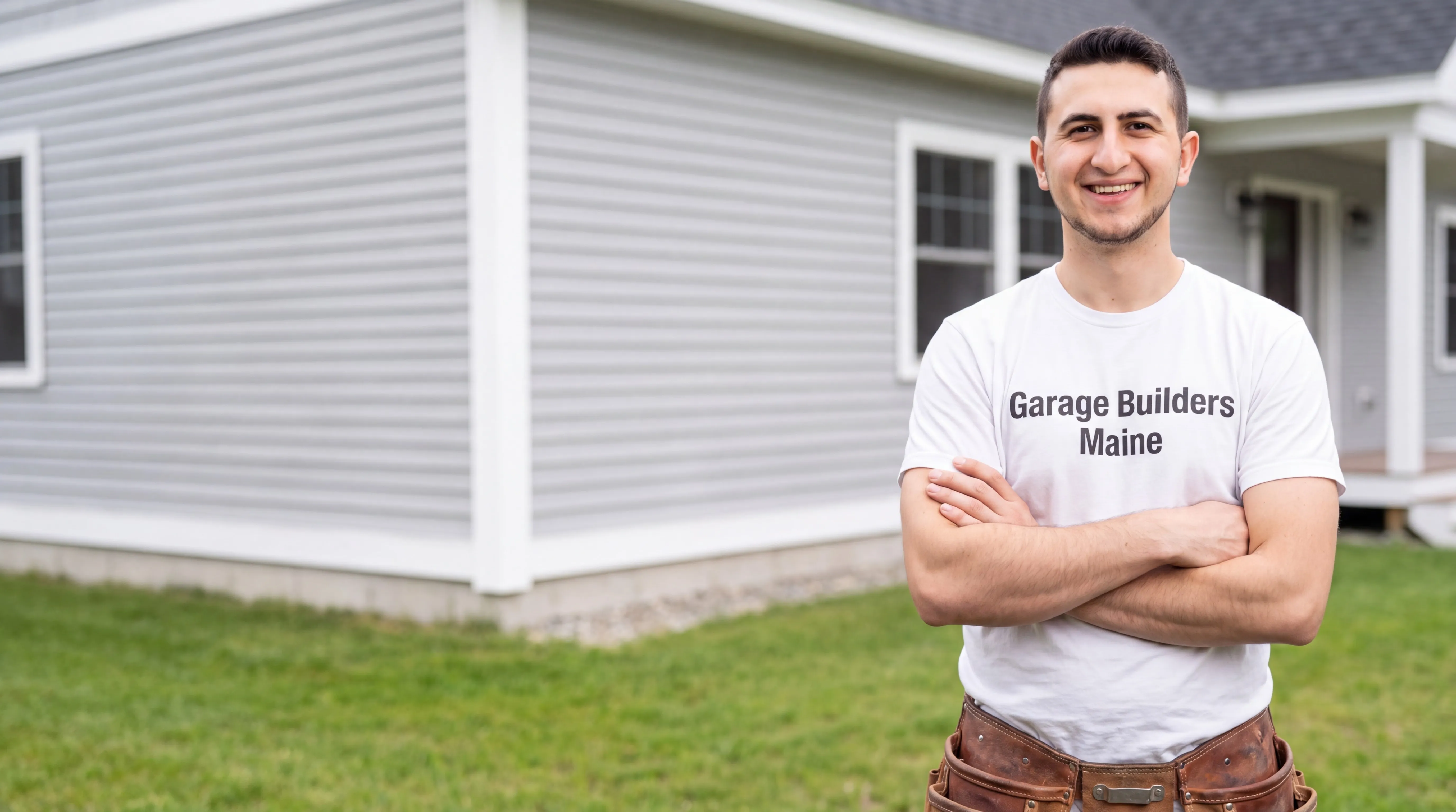 Owner of Garage Builders Maine standing with his arms crossed and smiling at a Maine job site