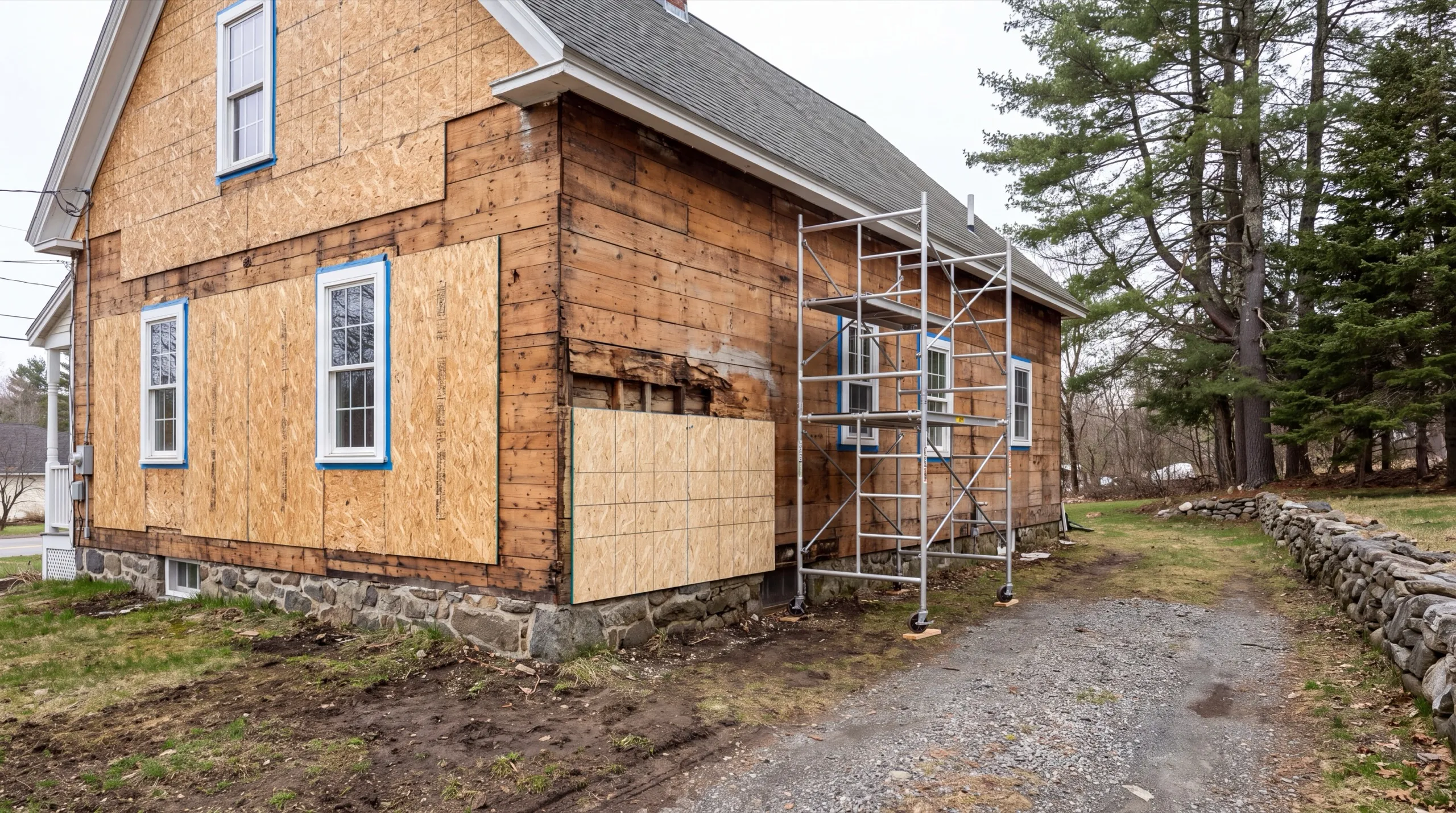 Old house stripped to board sheathing with new plywood patches and rolling staging in Randolph, Maine