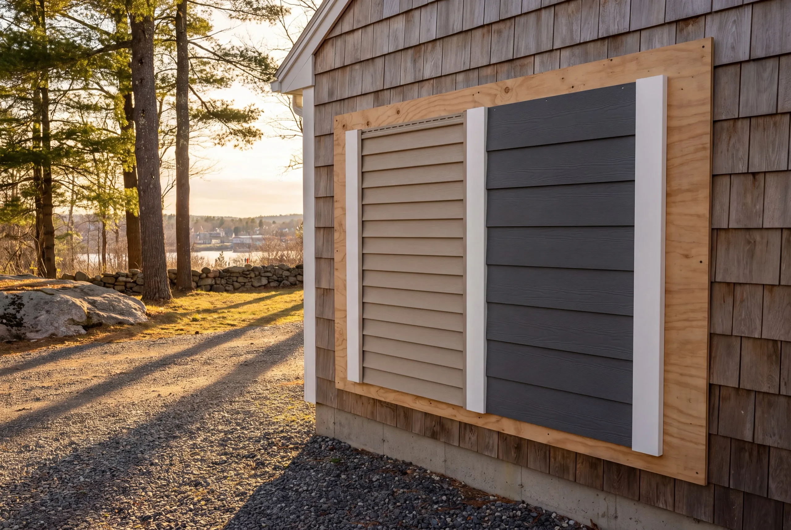 Siding installer Randolph Maine: sample board of tan vinyl and charcoal lap siding mounted on a cedar-shingled wall