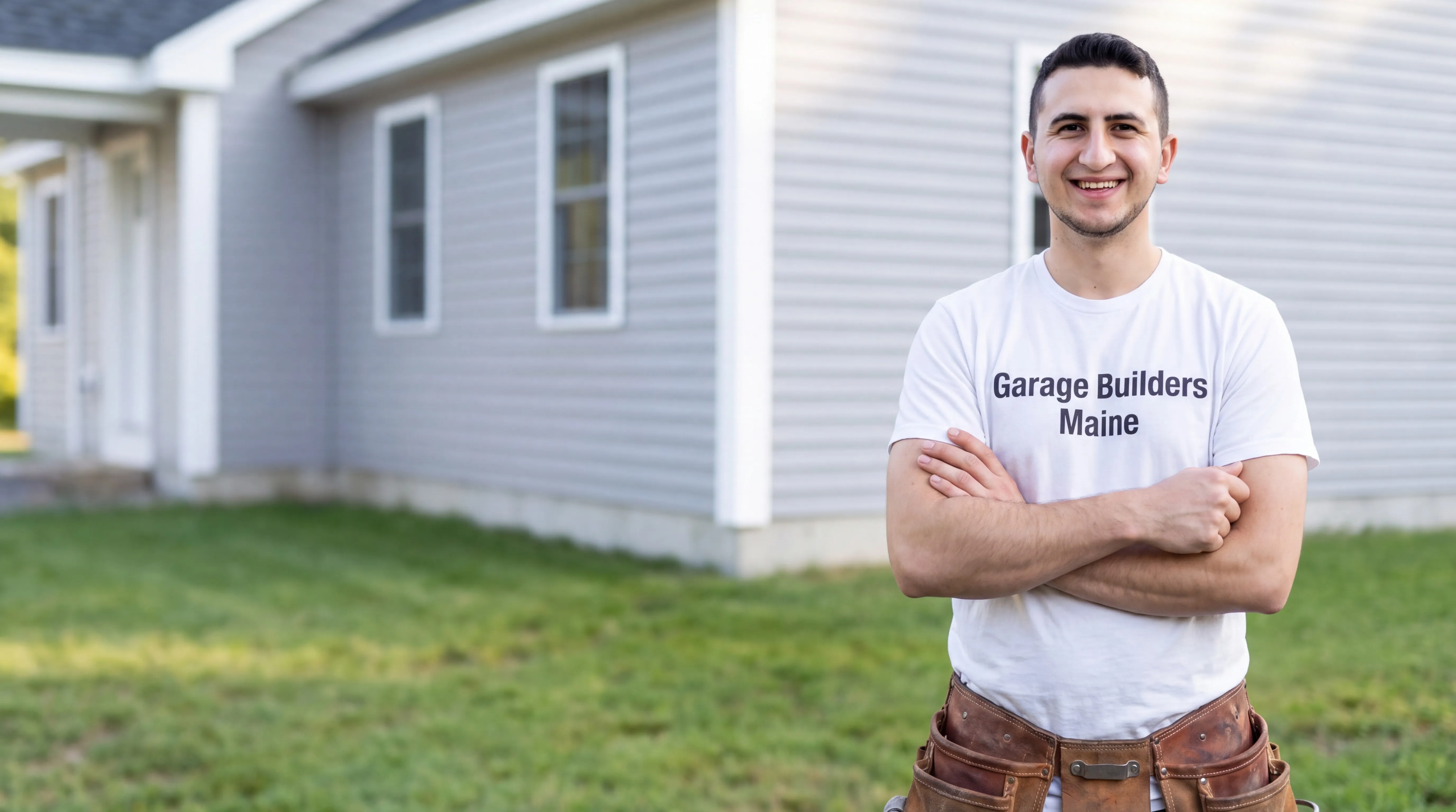 Owner of Garage Builders Maine standing with his arms crossed and smiling at a Maine job site