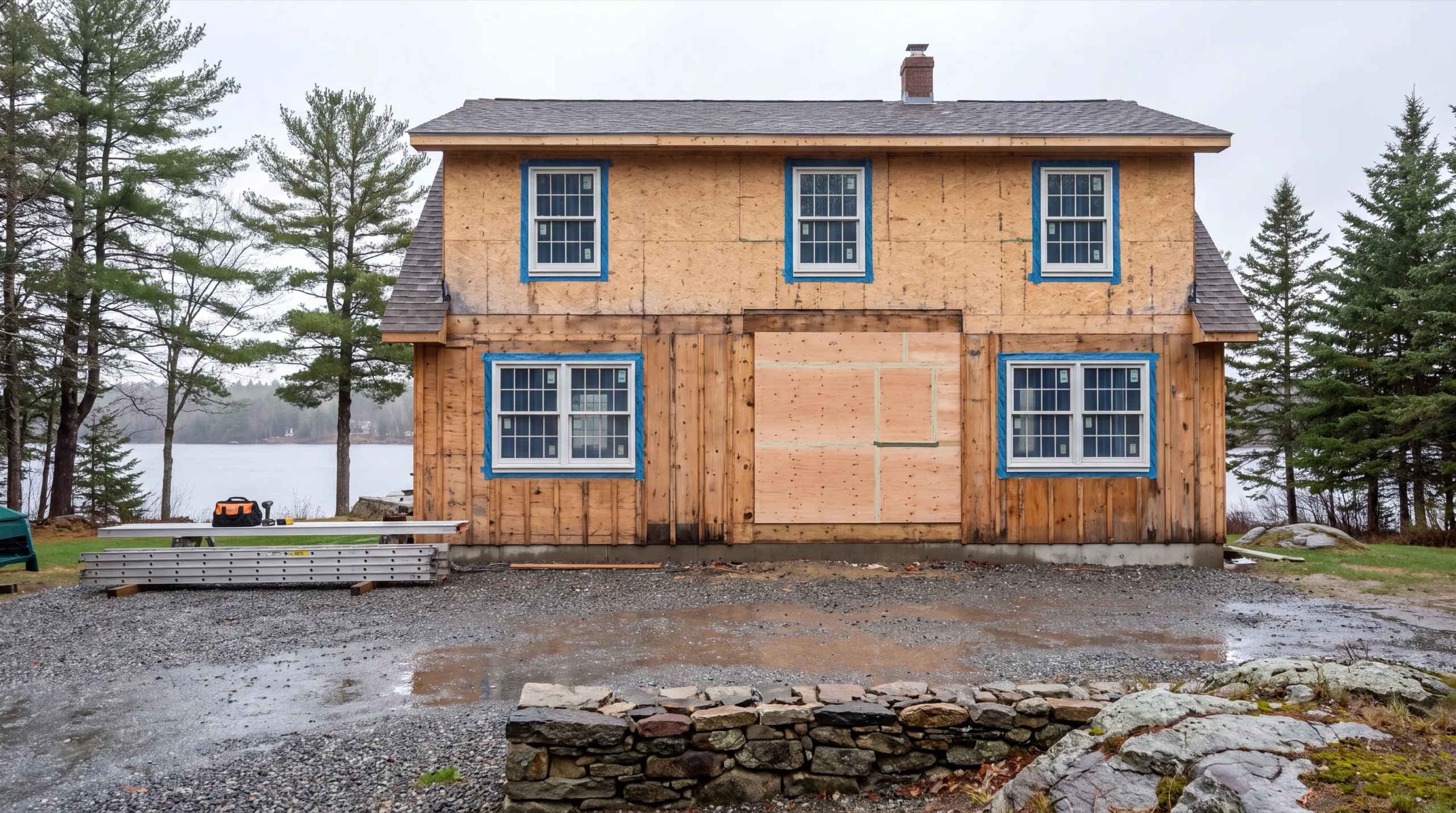 House stripped to old board and plywood sheathing with staging planks stacked in Richmond, Maine