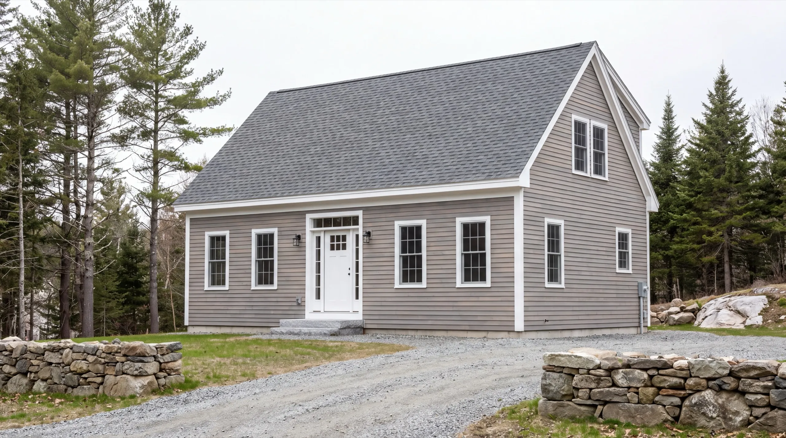 Siding contractor Sidney Maine: finished gray cape with lap siding and white trim between stone walls