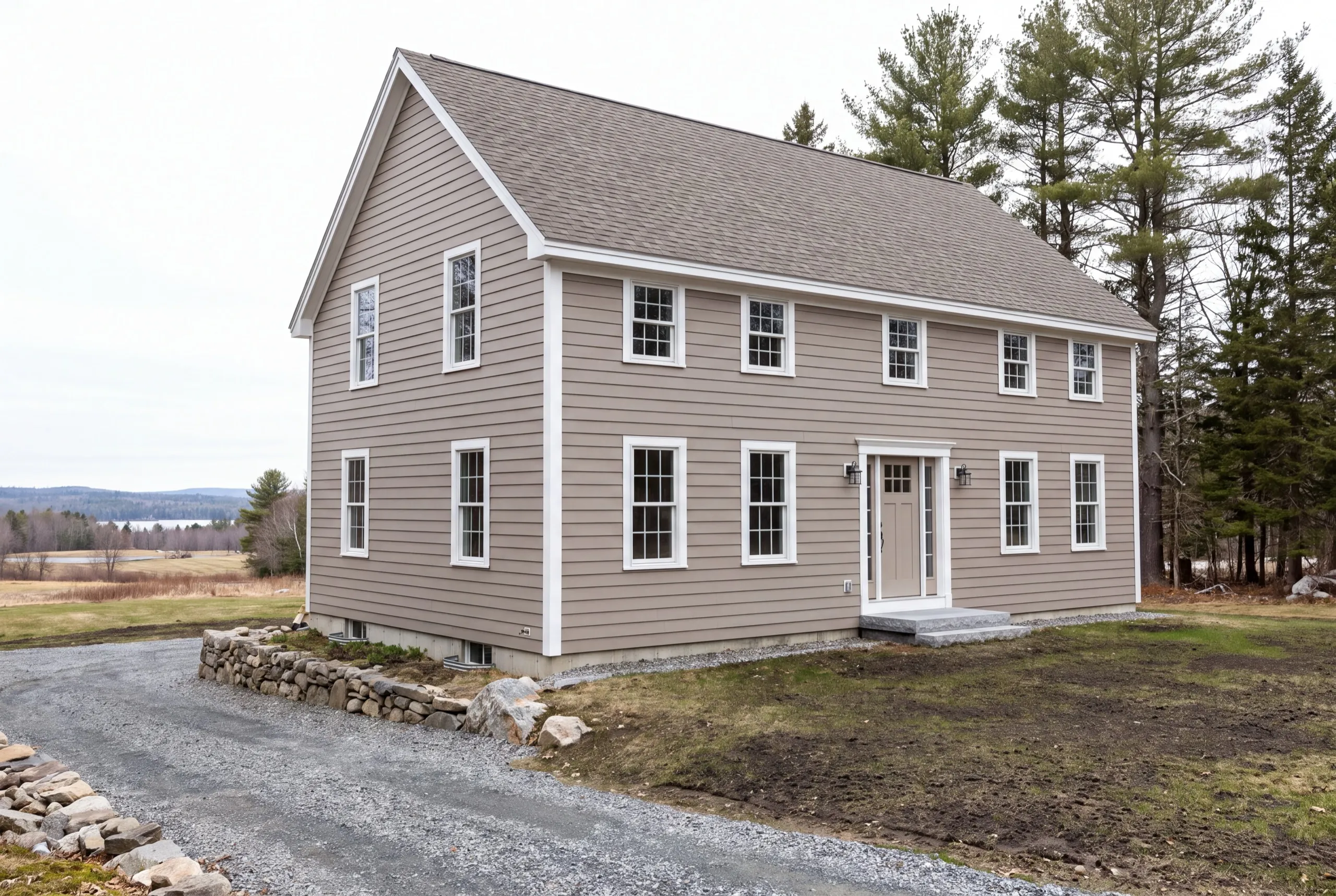 Siding contractor Sidney Maine: finished taupe two-story colonial with lap siding and white trim by a field