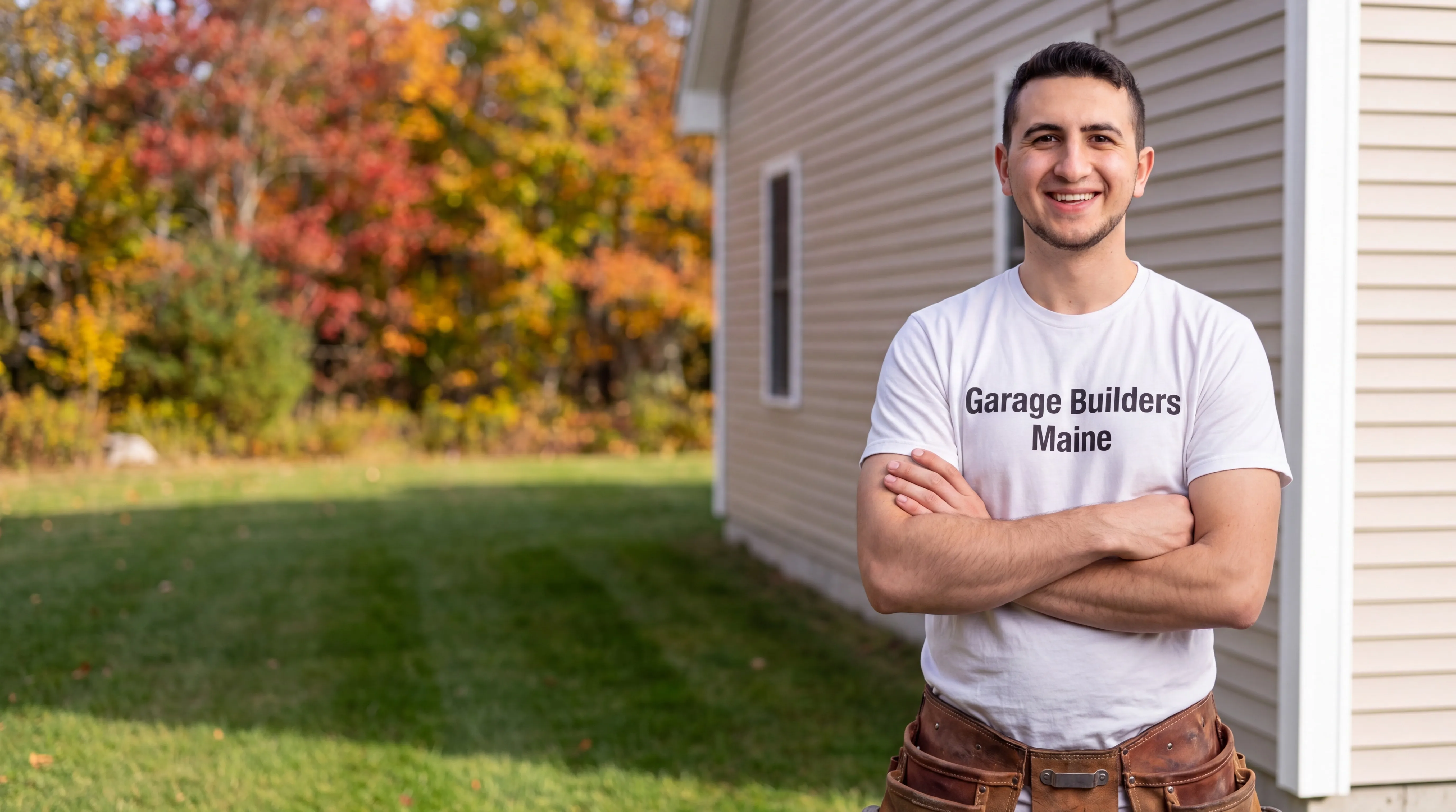 Siding contractor Sidney Maine: owner with arms crossed beside a beige vinyl-sided wall on a mowed lawn