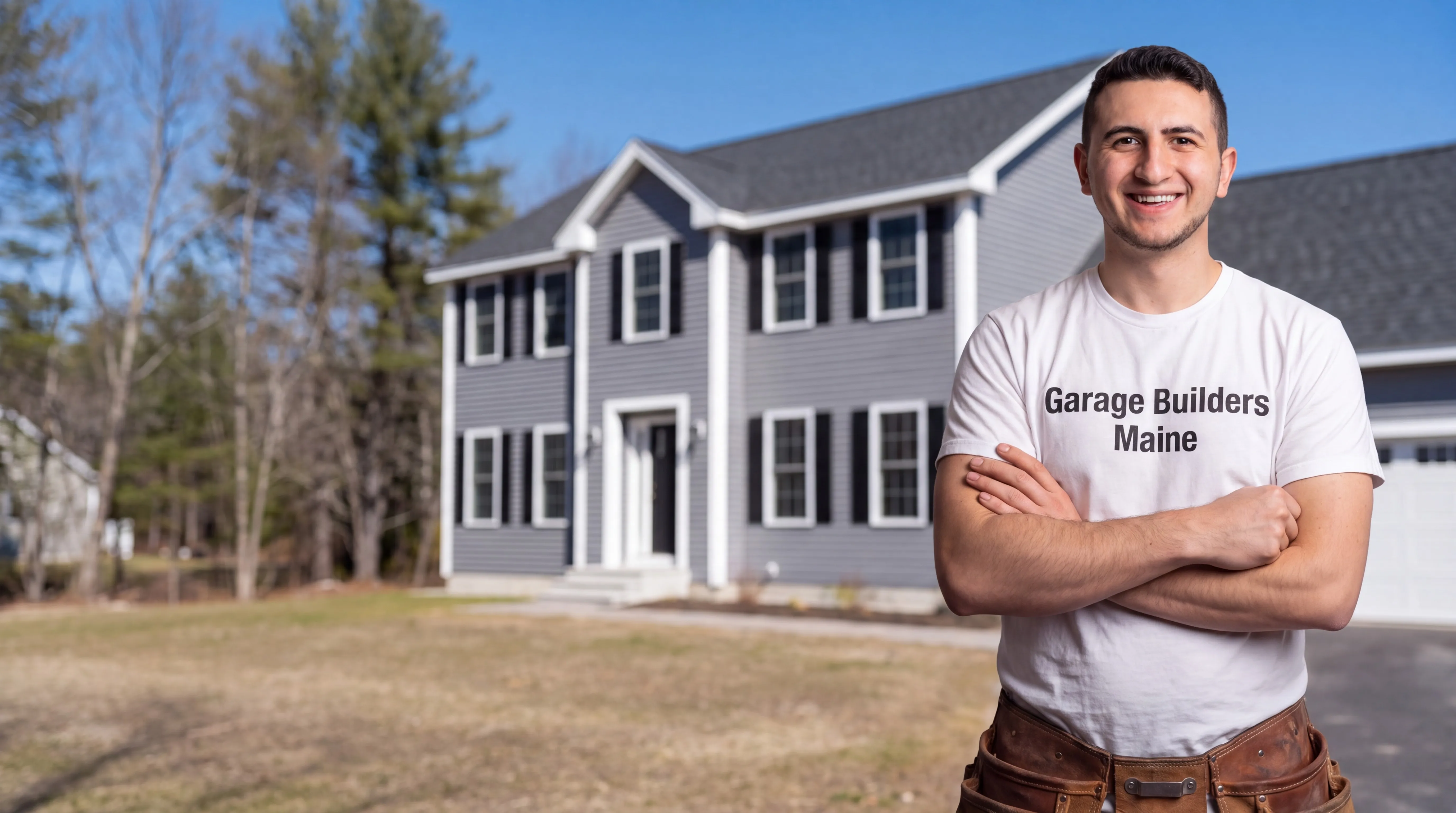 Owner of Garage Builders Maine standing with his arms crossed and smiling at a Maine job site