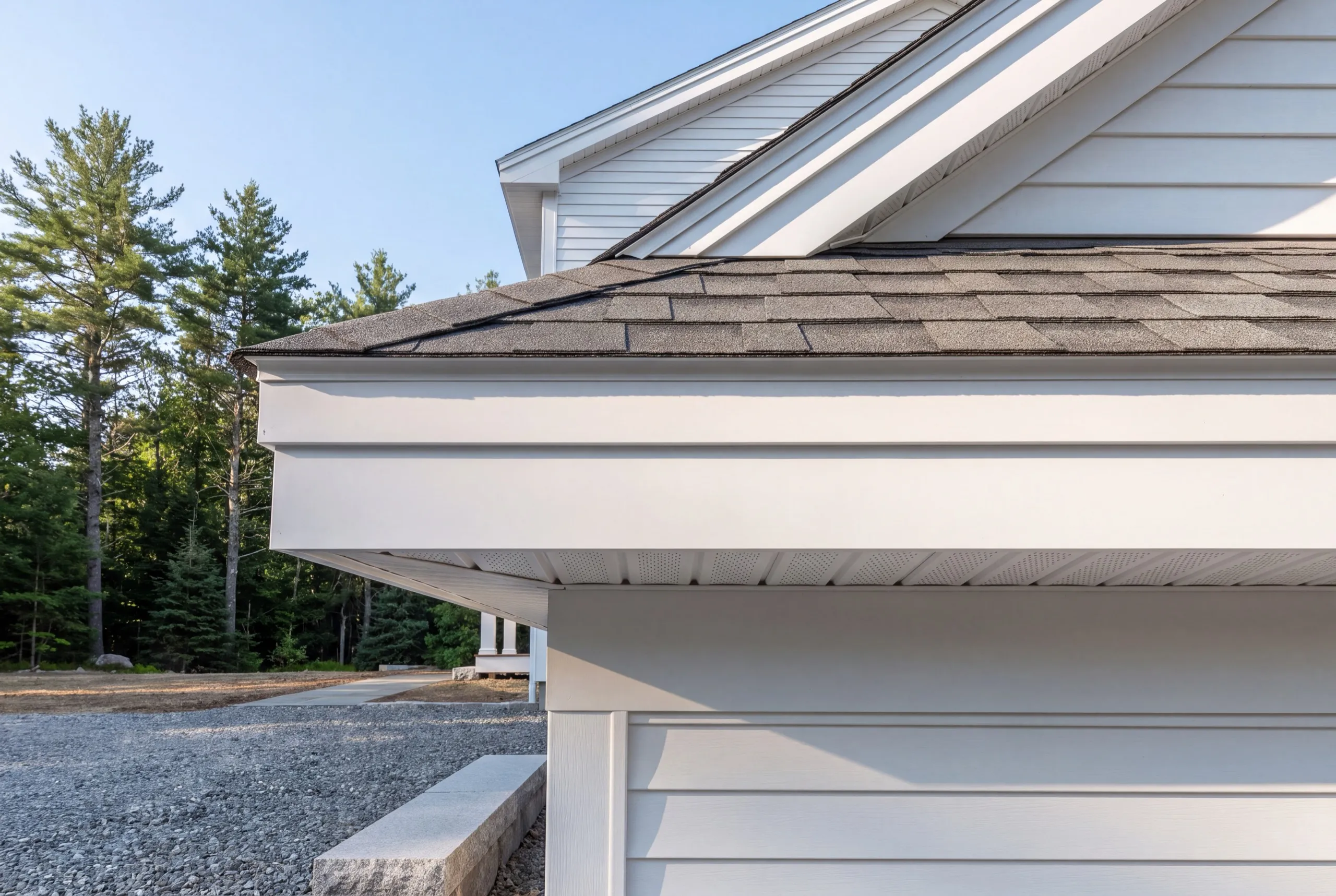Siding contractor West Gardiner Maine: close-up of new white fascia, soffit and rake trim over white lap siding
