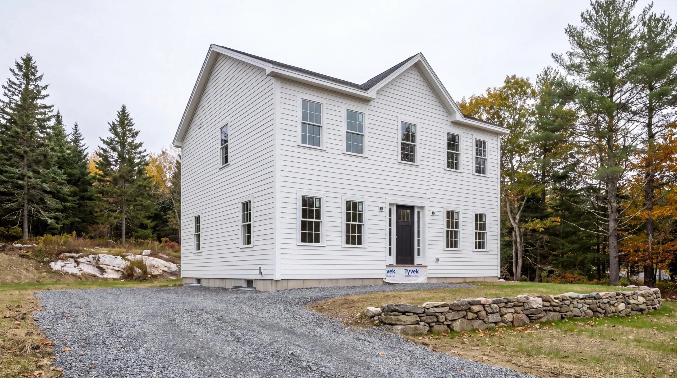 Siding contractor West Gardiner Maine: white lap-sided colonial with siding complete and a house wrap scrap at the door