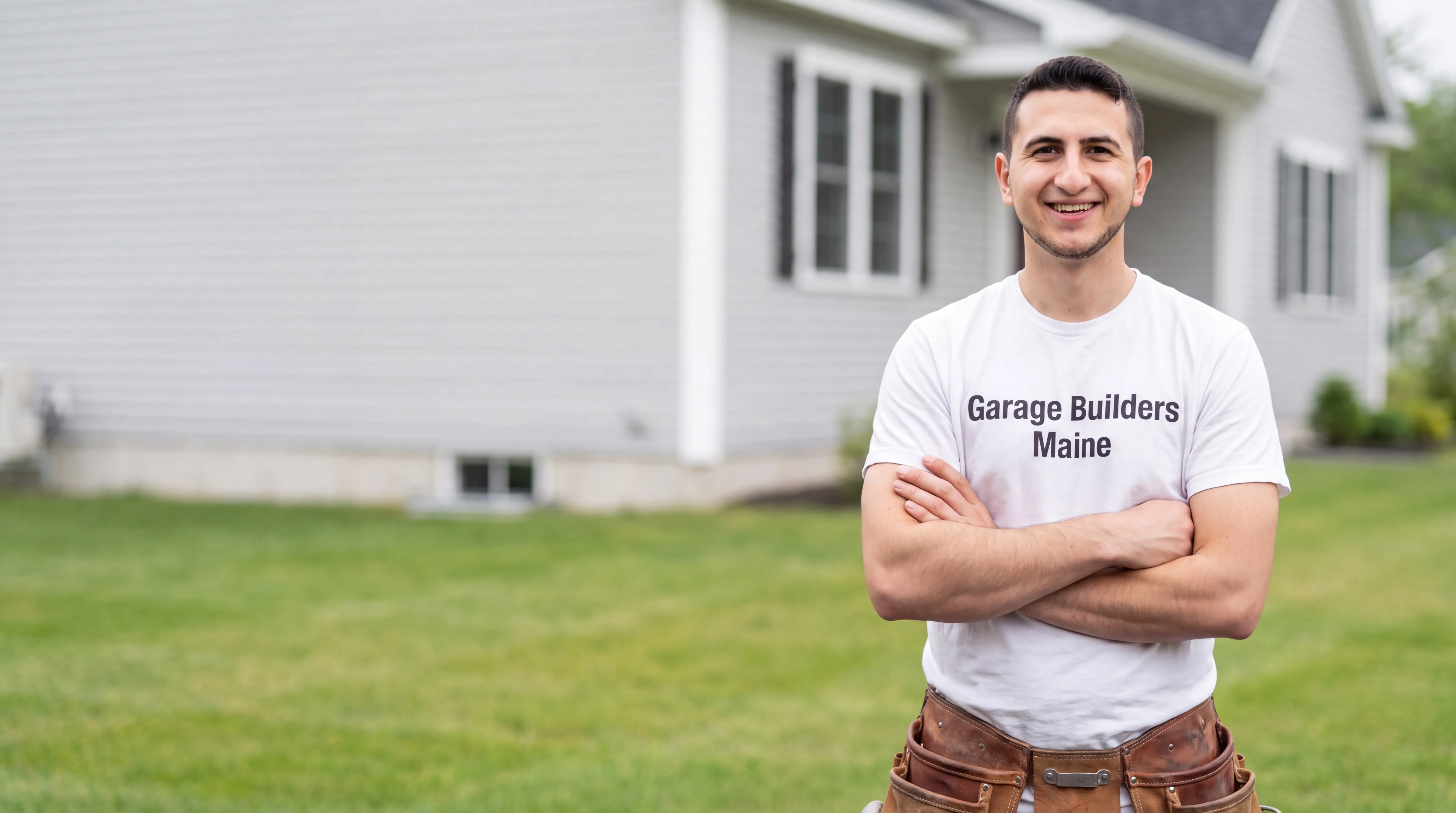 Siding contractor West Gardiner Maine: owner with arms crossed on a lawn in front of a gray-sided house