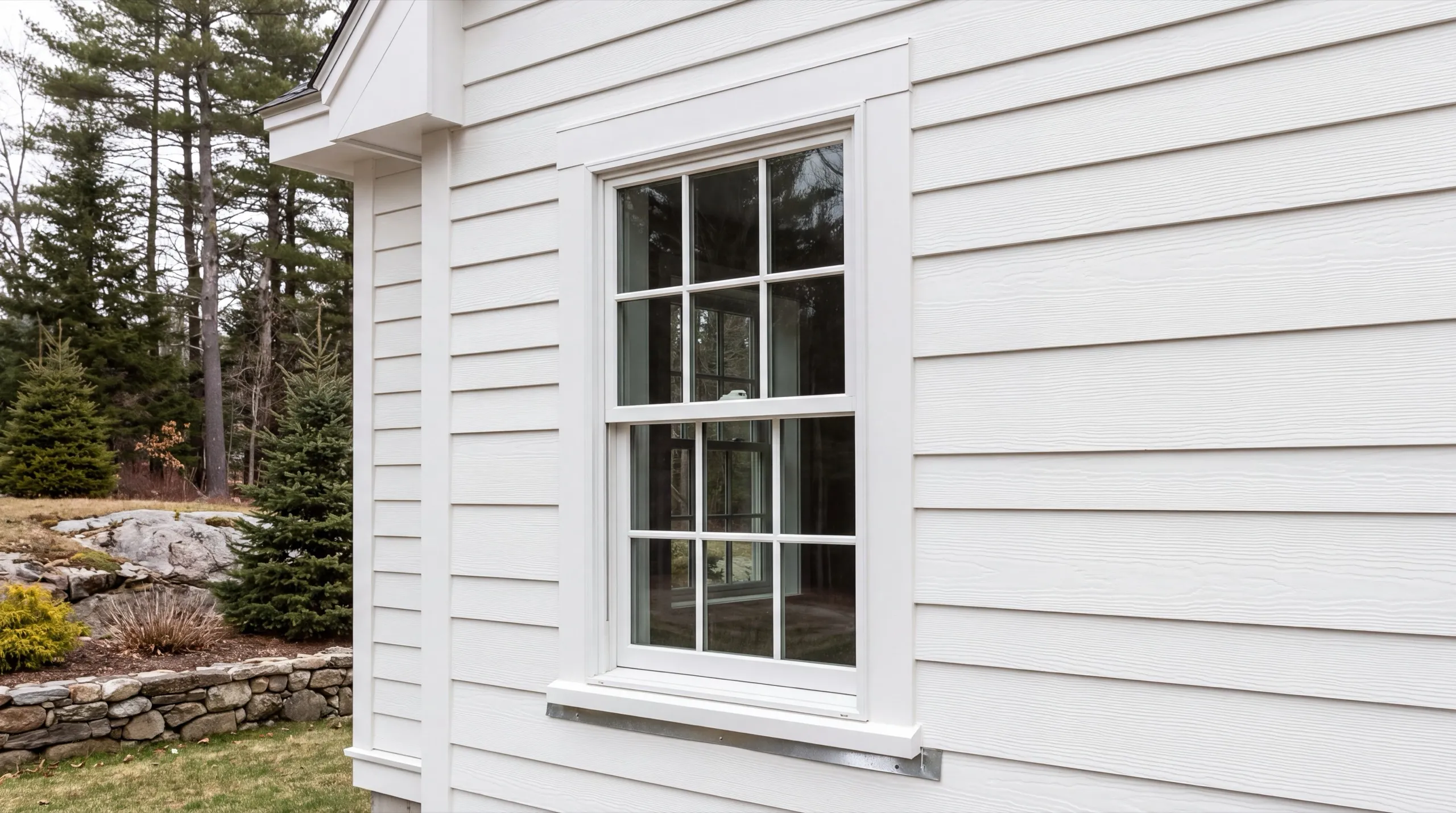 Siding installer West Gardiner Maine: white lap siding around a trimmed double-hung window with metal sill flashing