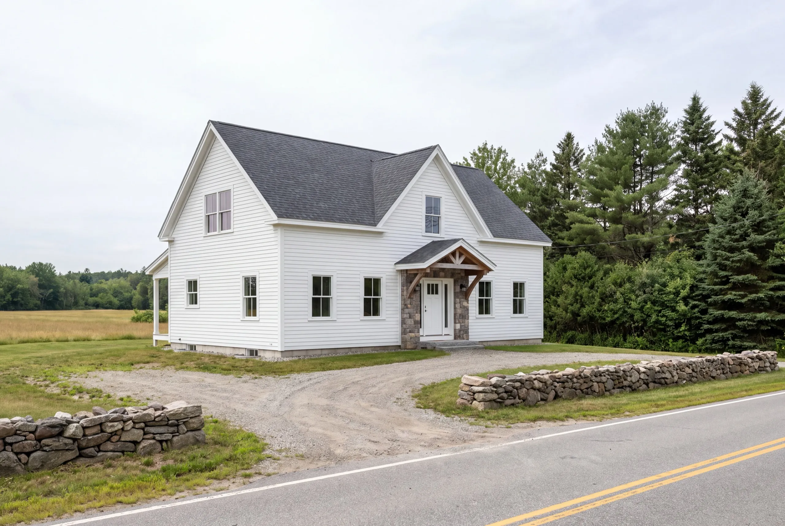 Siding contractor Whitefield Maine: white lap-sided farmhouse with a timber gable entry and stone walls by the road