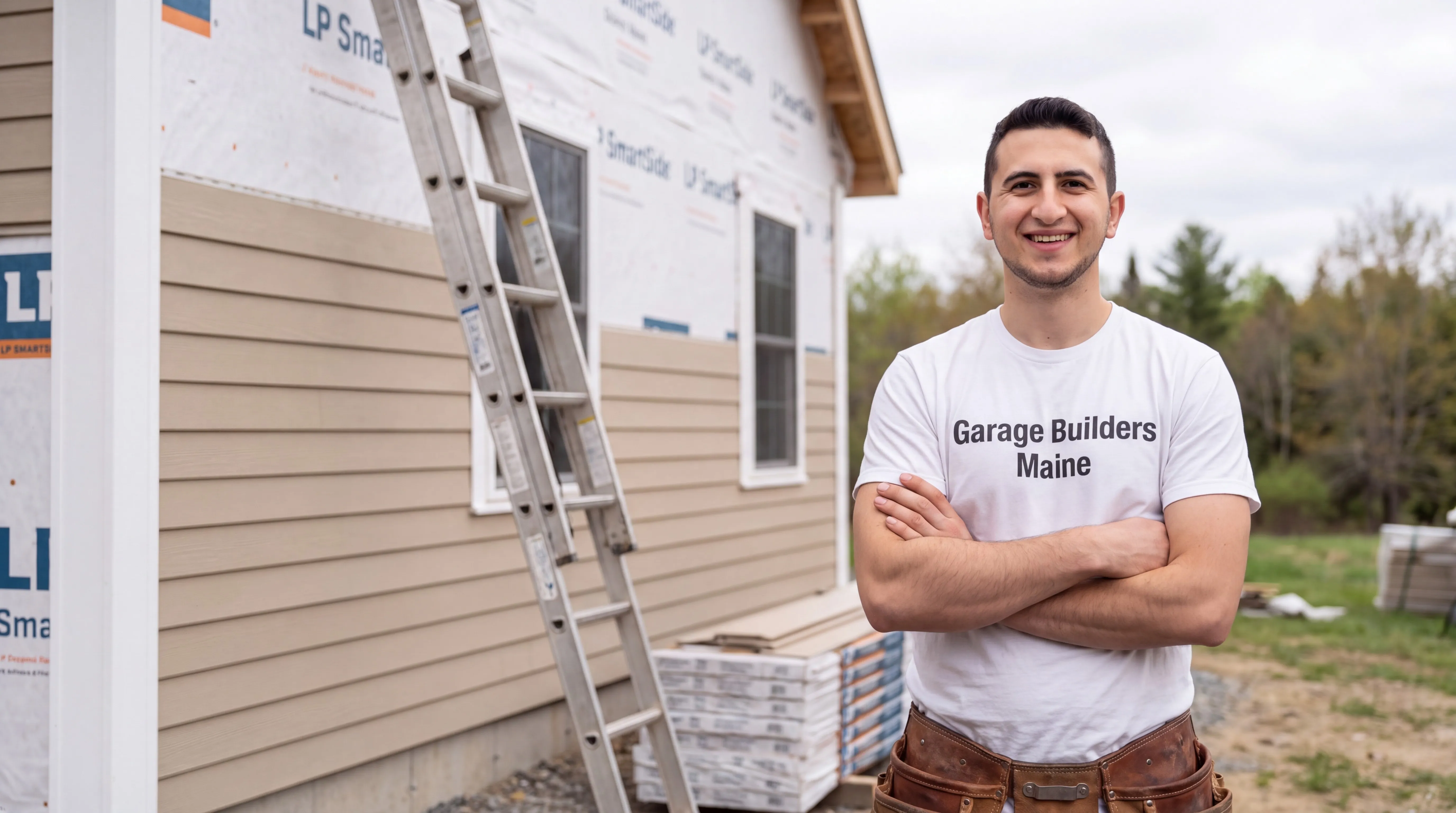 Owner of Garage Builders Maine standing with his arms crossed and smiling at a Maine job site