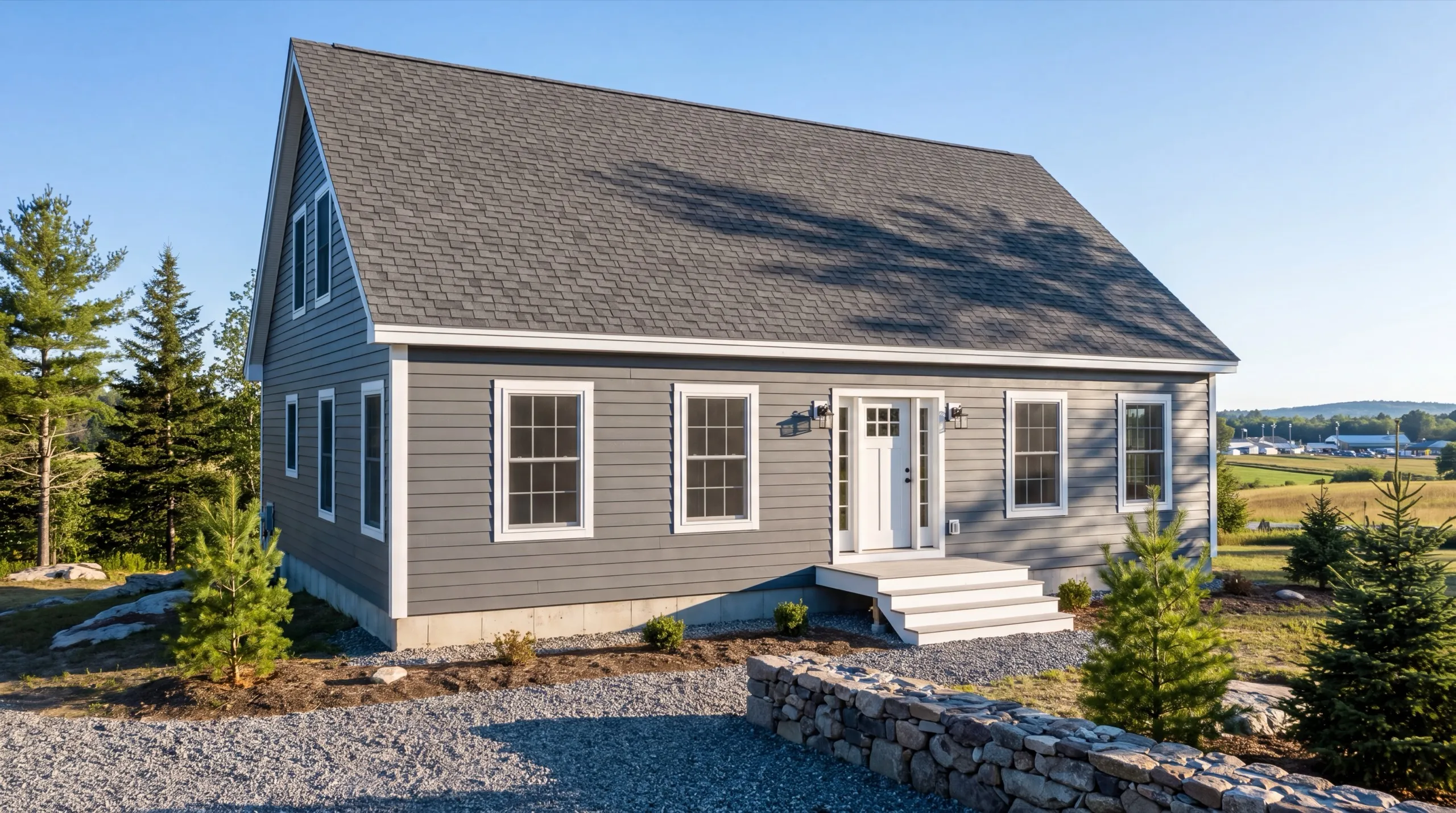 Siding contractor in Windsor, ME: finished gray lap-sided cape with white trim, stone wall and new plantings