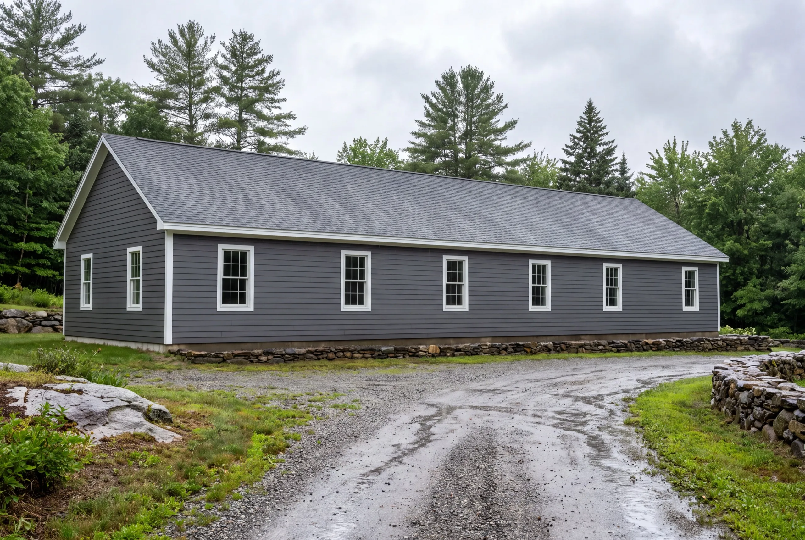 Siding installer Windsor Maine: long single-story building fully sided in dark gray lap boards with white trim