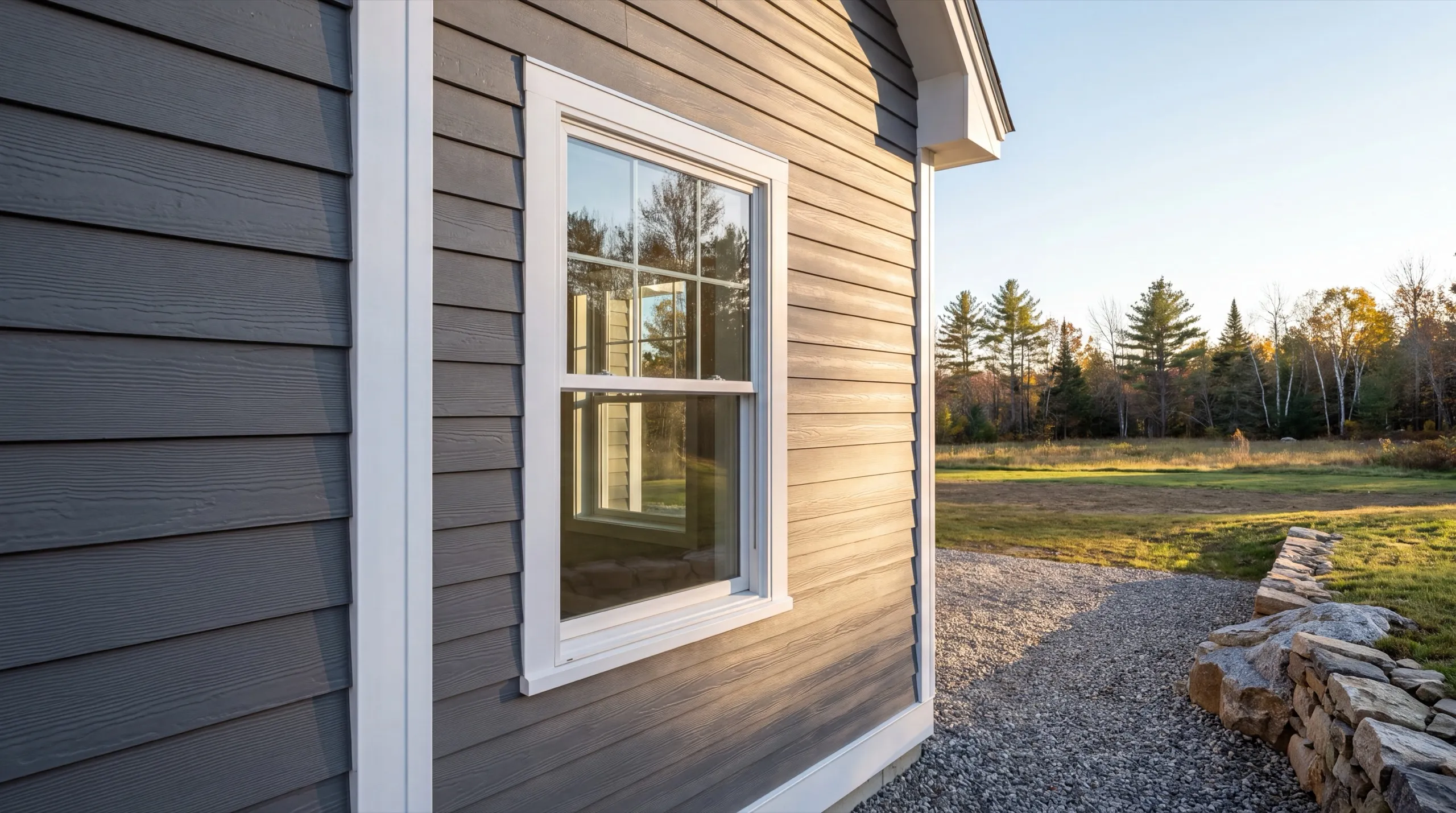 Siding installer Windsor Maine: gray lap siding meeting white window casing and corner trim on a new wall
