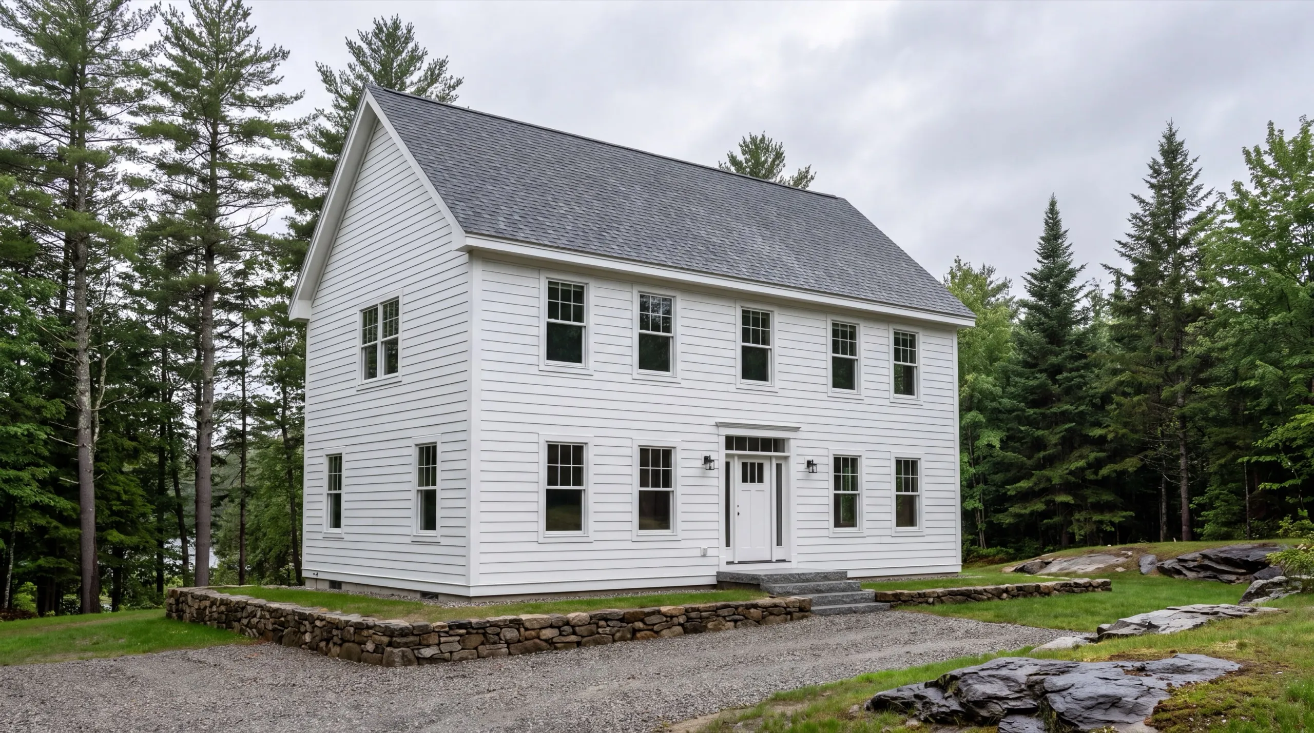 Siding contractor Winthrop Maine: finished white lap-sided colonial with a stone retaining wall and gravel drive