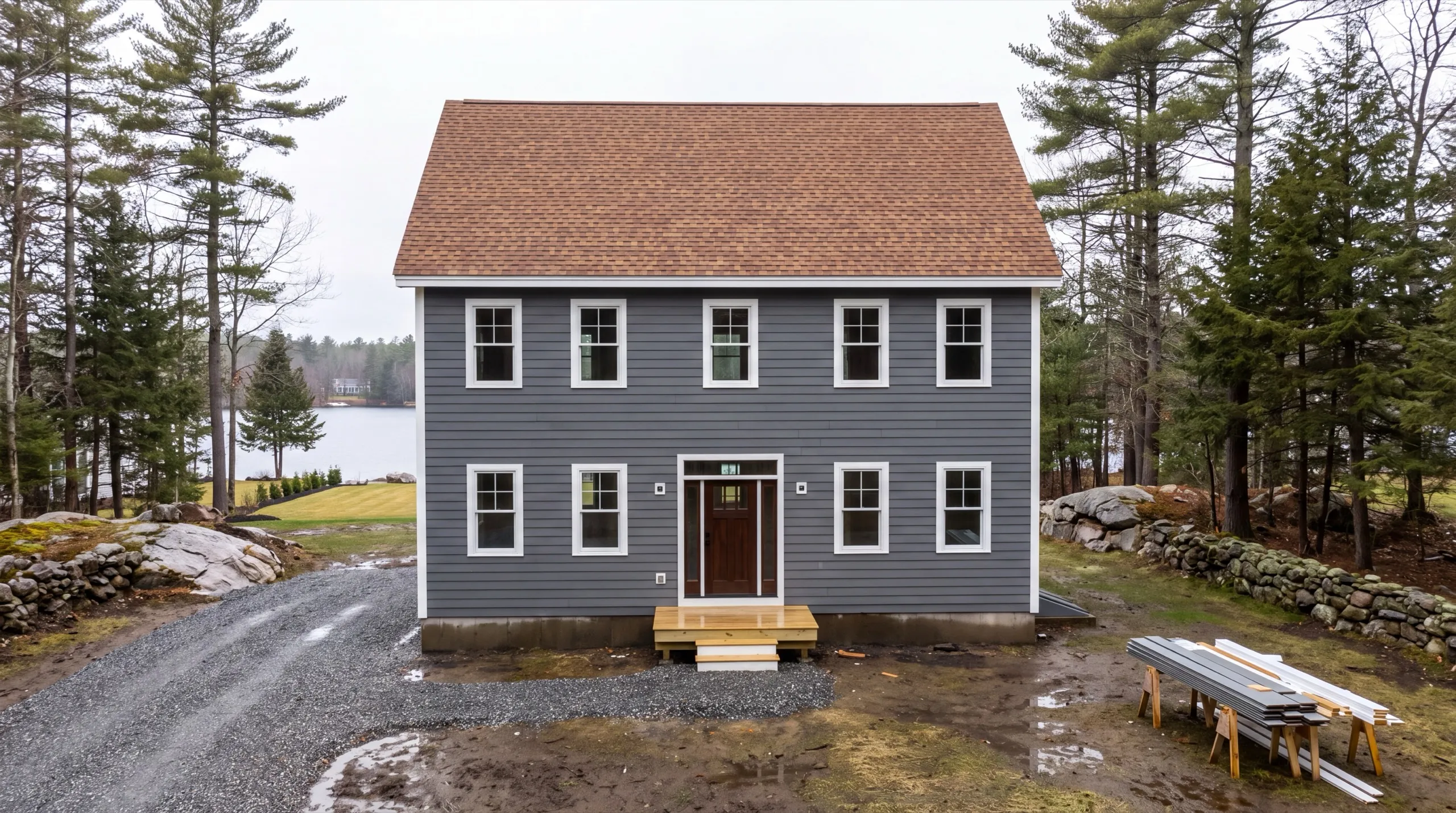 Siding contractor in Winthrop, ME: gray lap-sided colonial with a new wood step and trim stock on sawhorses