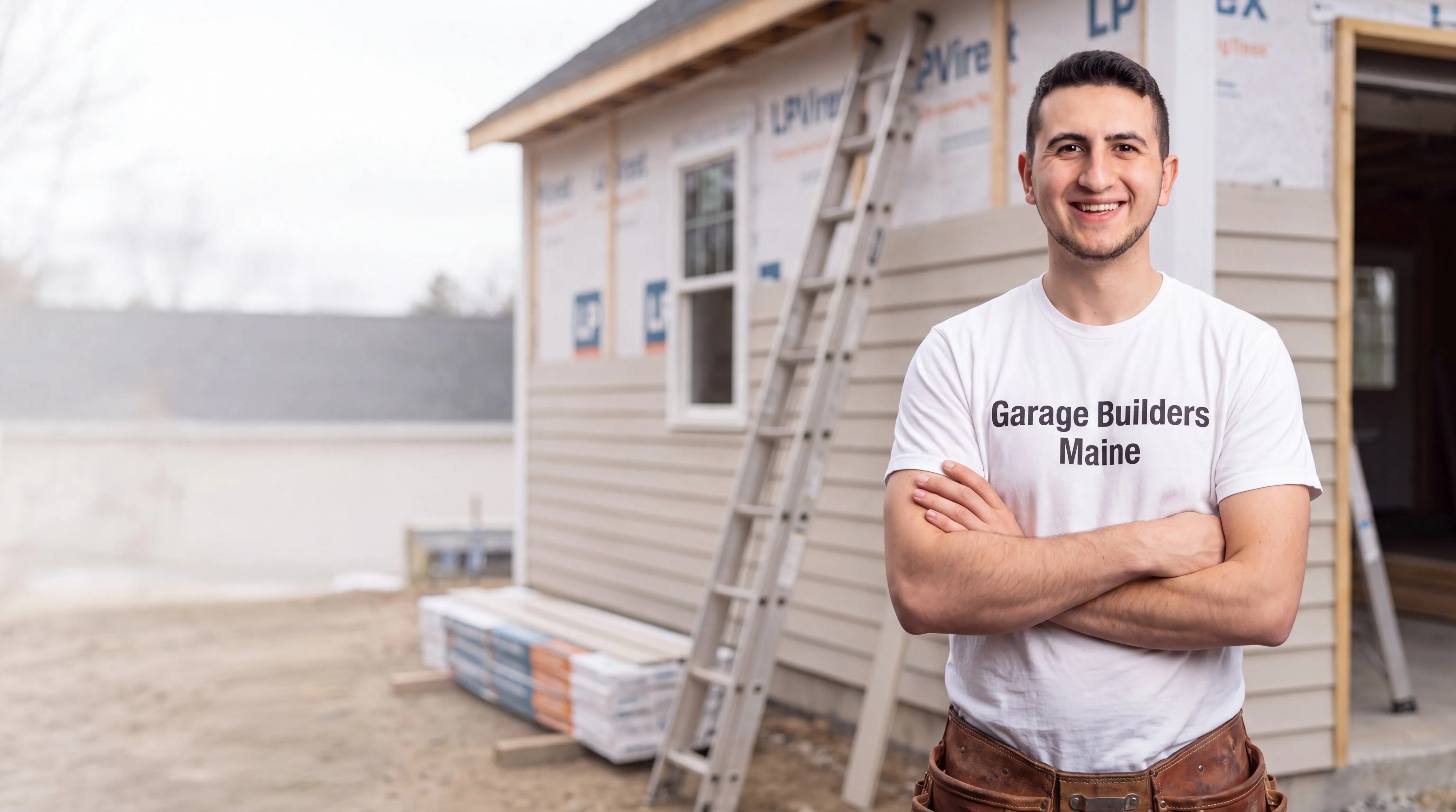 Owner of Garage Builders Maine standing with his arms crossed and smiling at a Maine job site