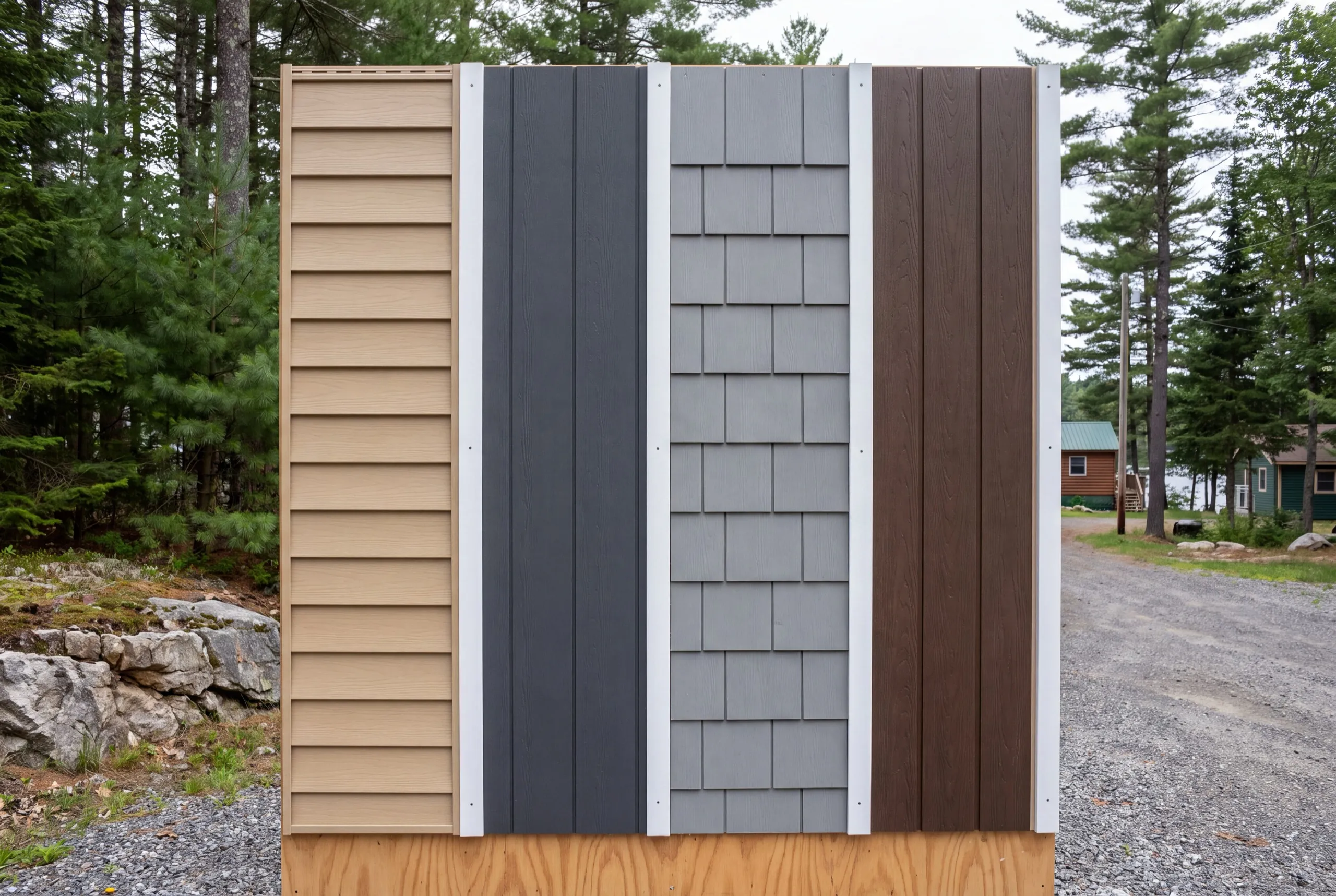 Siding installer Winthrop Maine: sample wall of tan lap, dark vertical panel, gray shingle and brown board siding