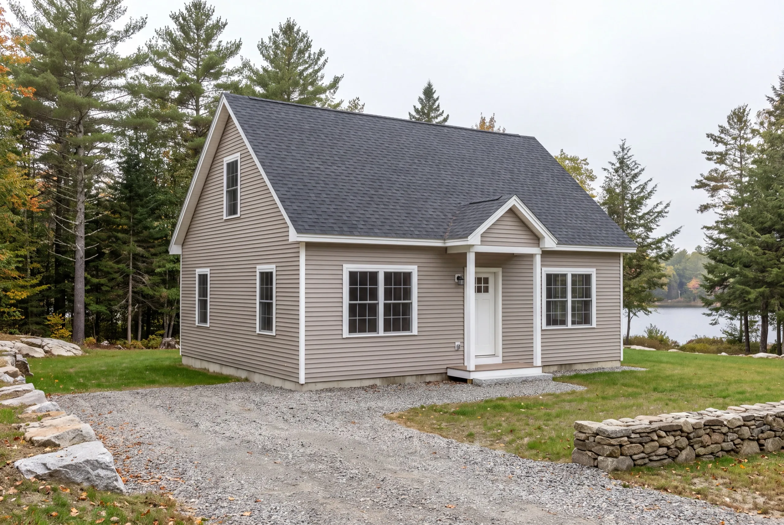 Vinyl siding contractor Winthrop Maine: finished tan vinyl-sided cape with a small entry porch near the water