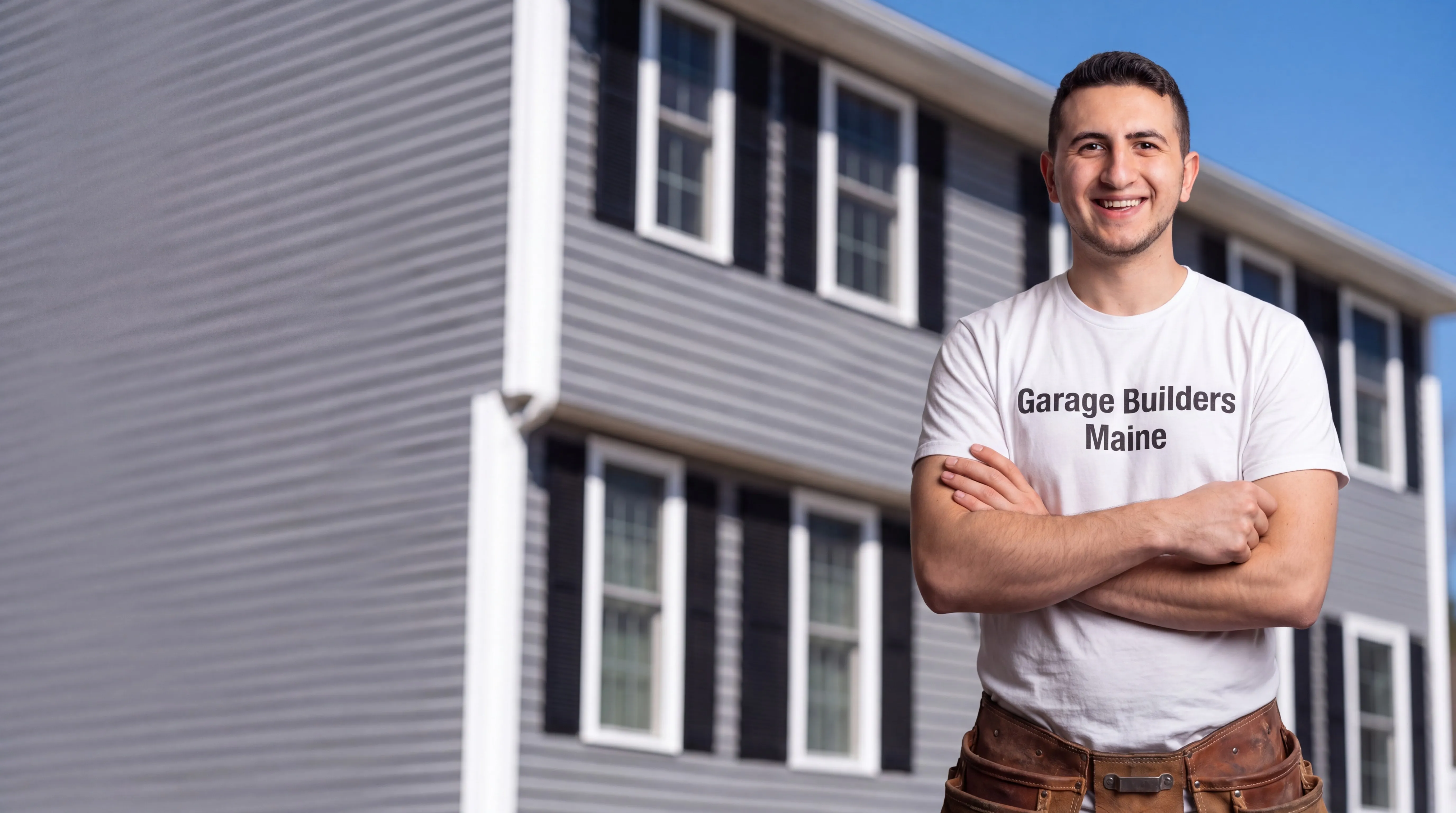 Owner of Garage Builders Maine standing with his arms crossed and smiling at a Maine job site