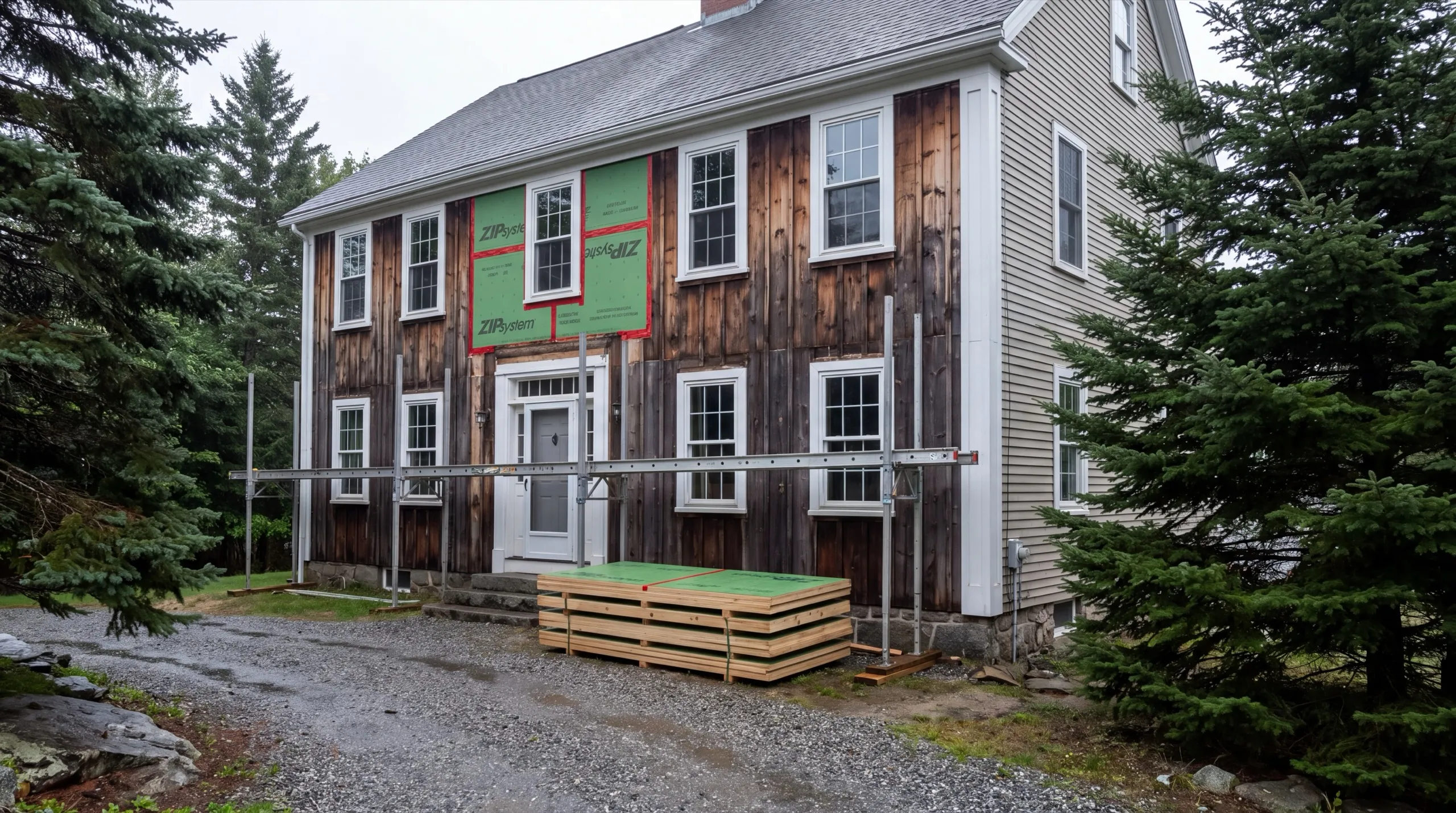 Siding contractor Wiscasset Maine: old vertical board siding partly opened to new green sheathing, panels stacked below
