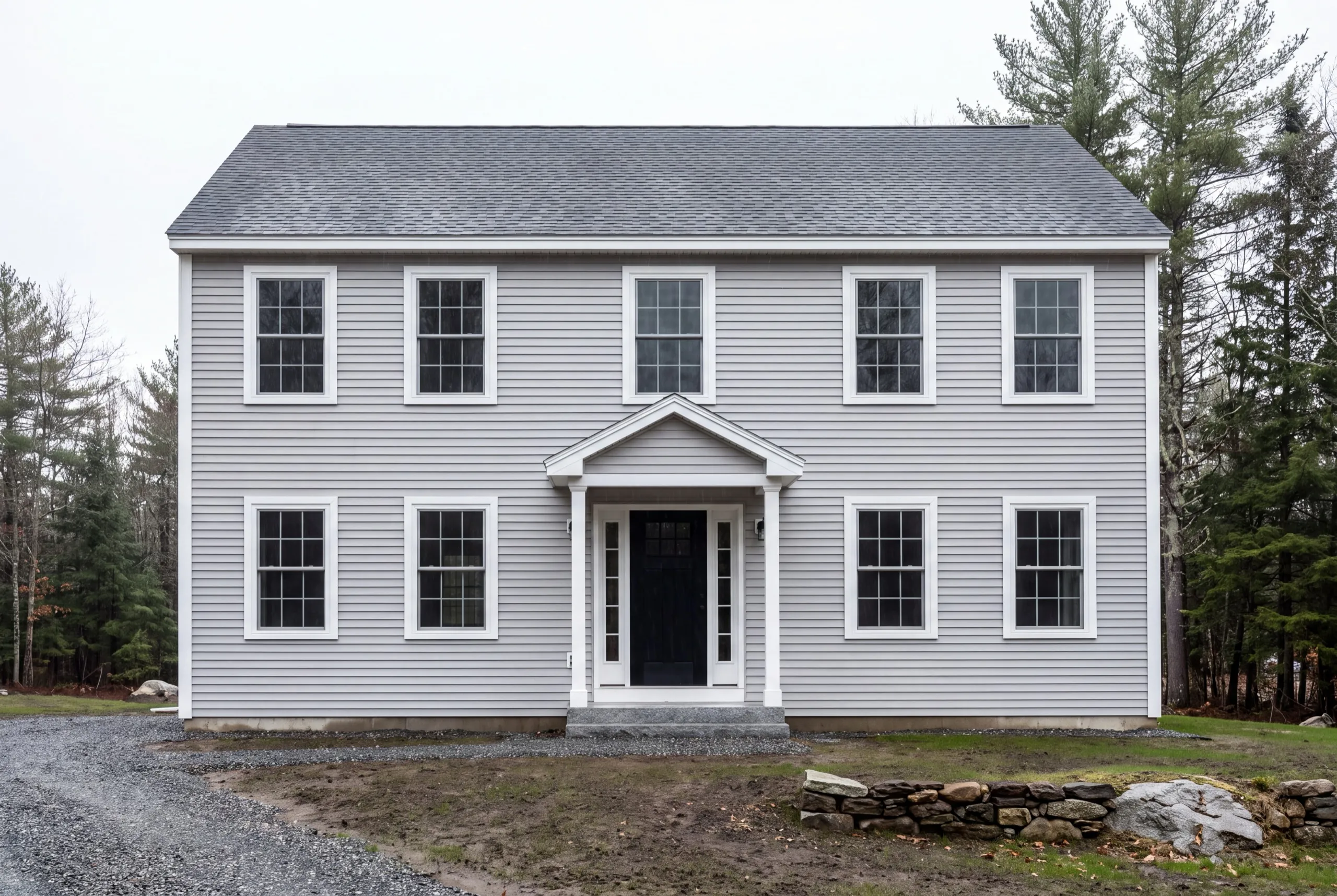 Vinyl siding contractor Wiscasset Maine: finished gray vinyl-sided colonial with a white entry portico in the woods
