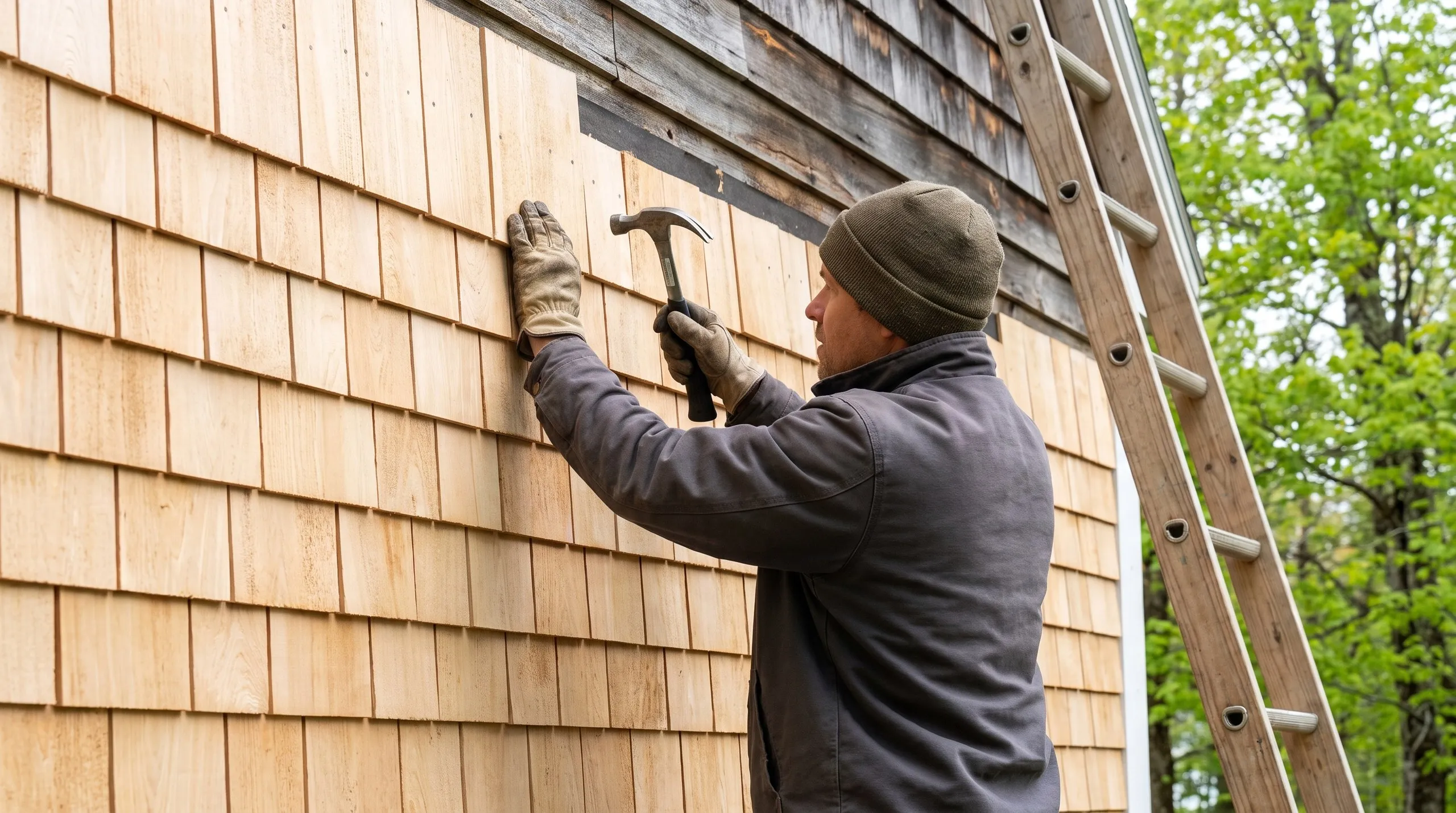 Siding installer Central Maine: worker nailing new cedar shingle courses below old weathered shingles, ladder at the corner